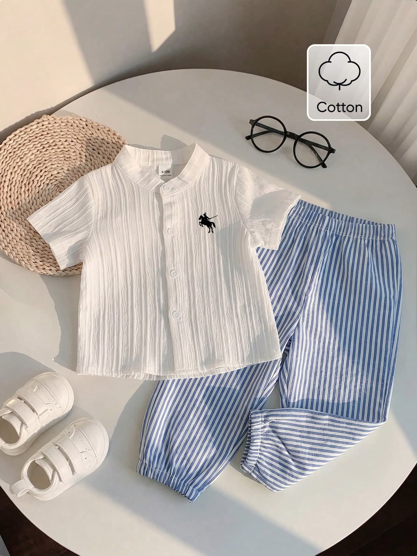 SHEIN Playful Pals Baby Boys Shirt Co-Ords 2pcs/Set Graphic Print Short Sleeve Collaredn White Shirt Top & Striped Shorts Summer Casual Outfit
