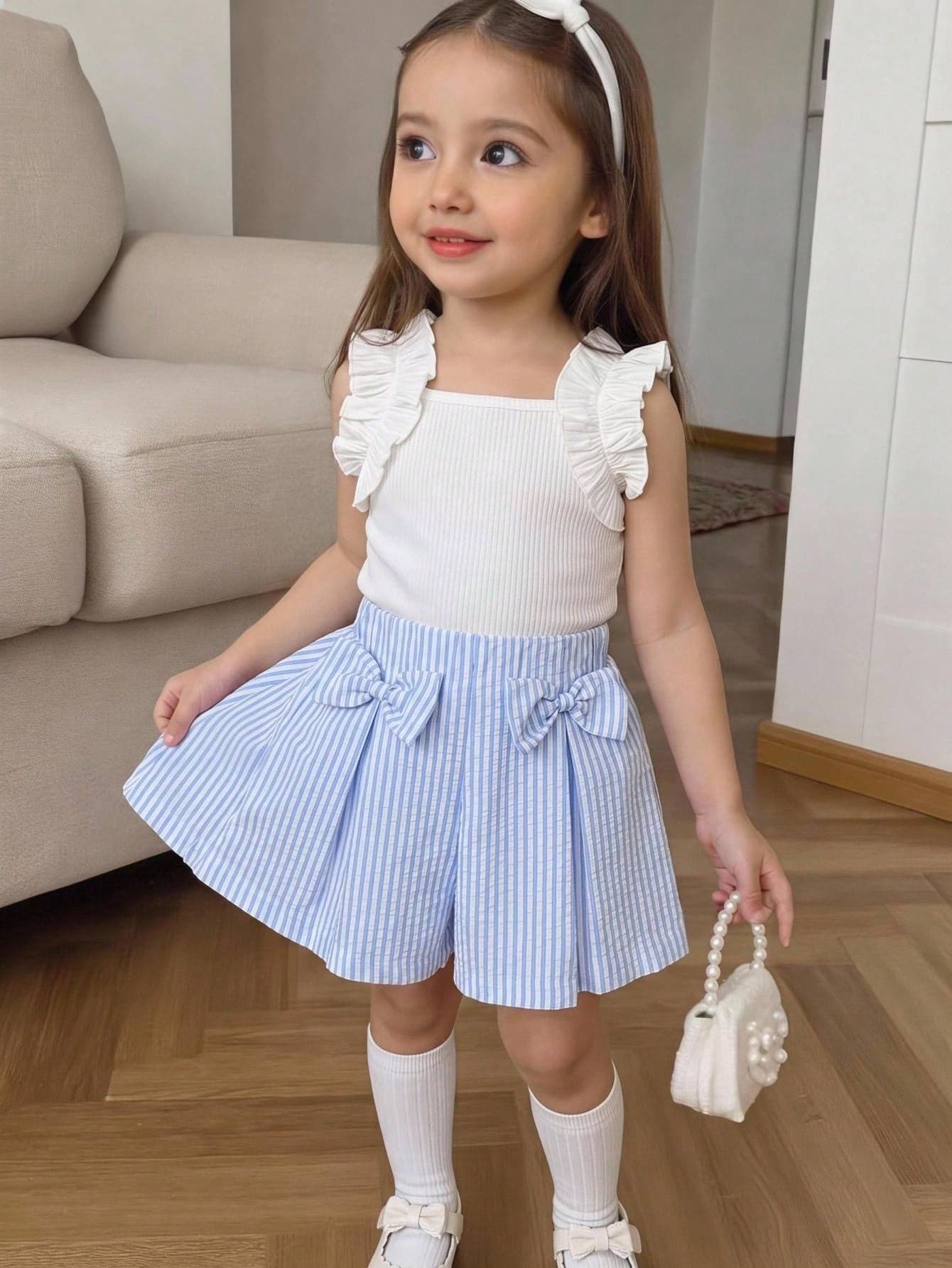 SHEIN 2pcs Young Girl Sweet Playful Style Sleeveless Pleated Vest Knitted Ribbed Stripe T-Shirt Top White Elastic Waist Shorts Set For Young Children, Bow