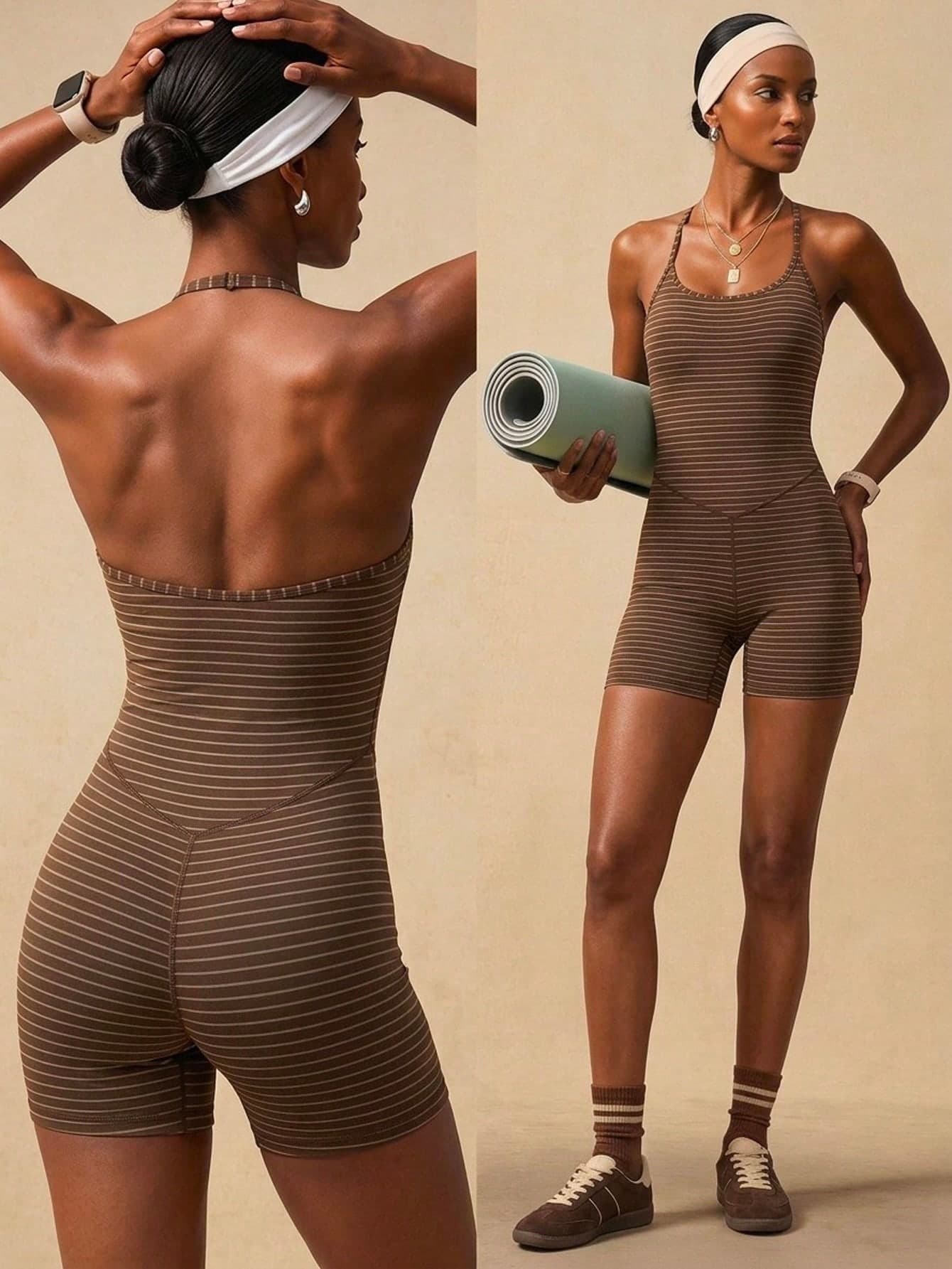 Zivah Women's Brown Striped Halter Neck Sports Romper For Summer Gym Workout
