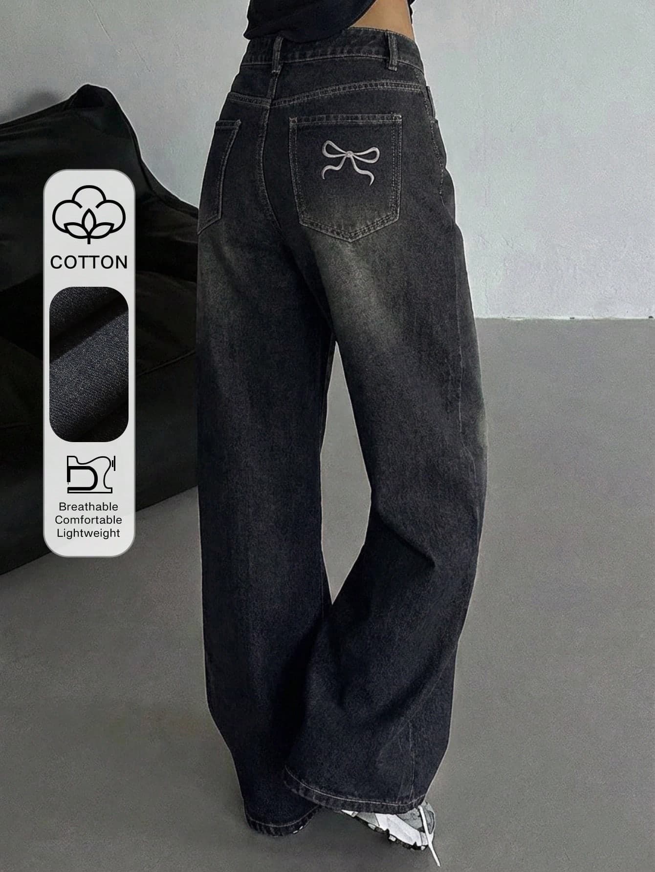 DAZY Women's Bow Embroidered Washed Straight Leg Jeans With Slant Pockets
