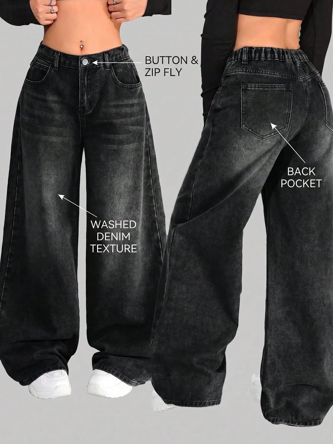 SHEIN Girlism Teen Girl Y2K Retro Grey Washed Low-Waisted Slanted Pocket Casual Wide Leg Baggy Jeans Loose Pants, Girls Streetwear