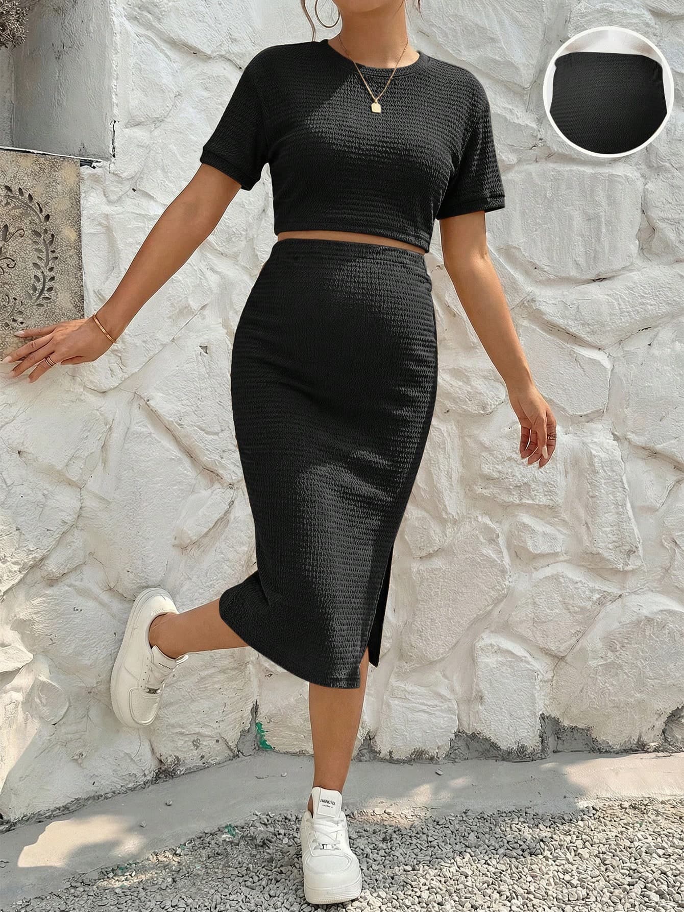 SHEIN Maternity Solid Color Round Neck Short Sleeve T-Shirt And Adjustable Waist Skirt Casual 2-Piece Set Delivery Summer