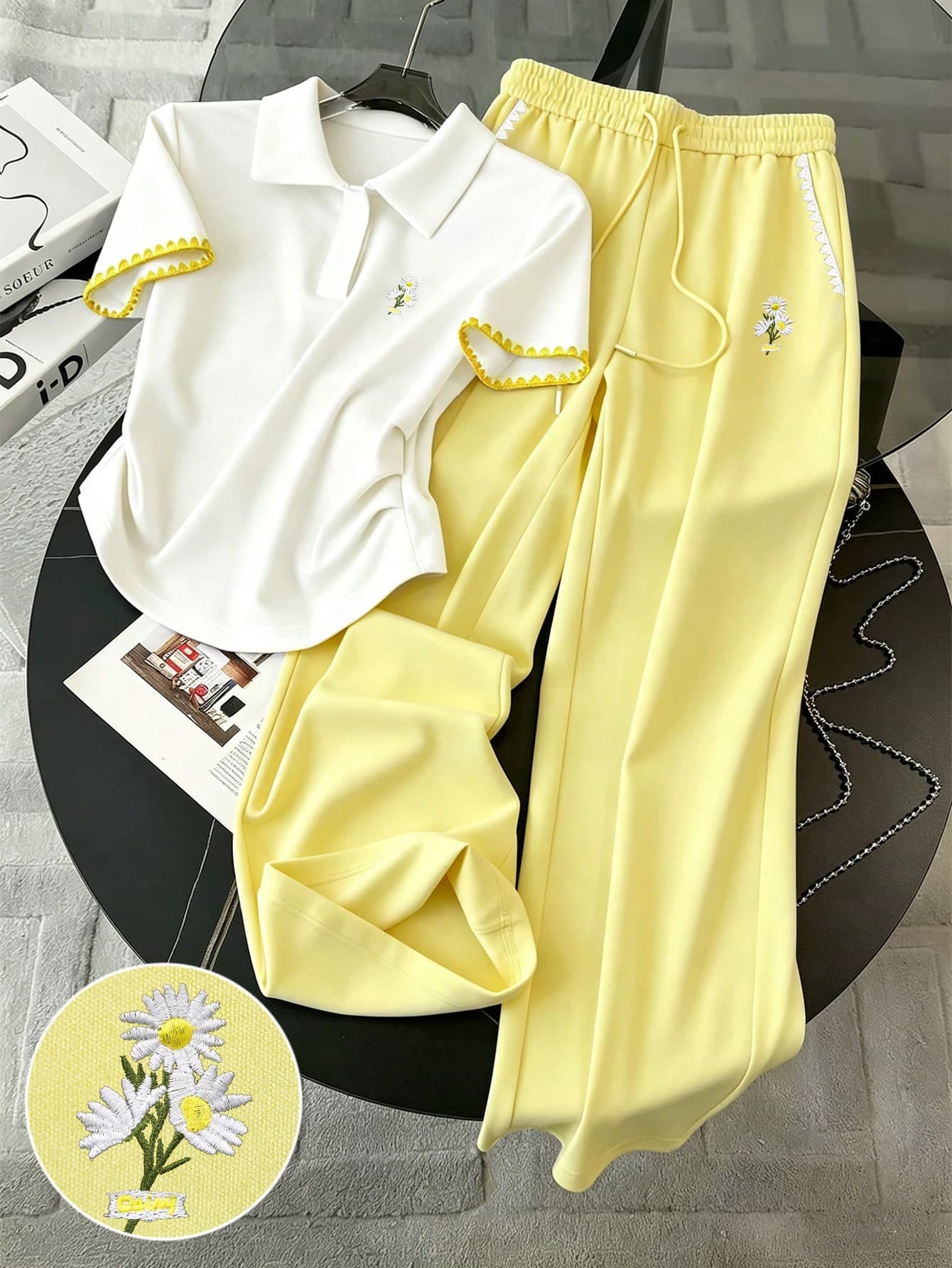 Resyla Daisy Embroidered Decor Seaside Craft Style Fashion Minimalist Women's Lapel T-Shirt + Long Pants Set, Friend's Gift