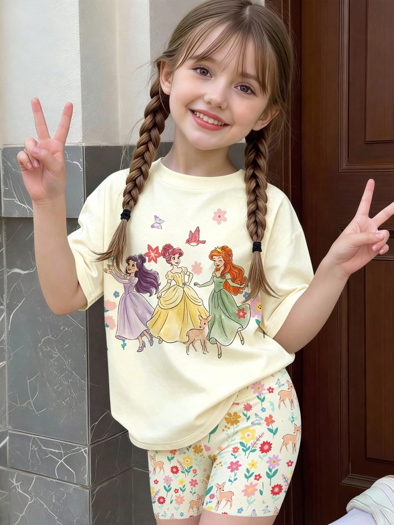 SHEIN 1 Set Young Girls' Casual Sweet Apricot Short Sleeve Outfit,Dreamy Princess T-Shirt&Butterfly Deer Flower Pattern Shorts,Summer,Family Matching Set