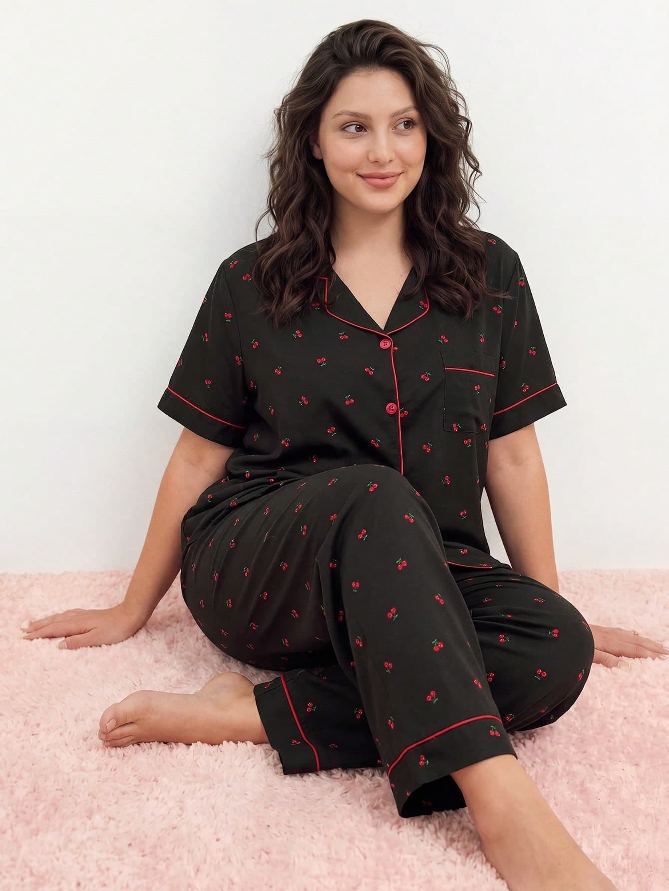 Elorette Plus Size Women Cherry Printed Loose And Comfortable Women's PJS, Home Wear Set For Spring, Bountiful Floral Splendor Cozy And Elegant Details