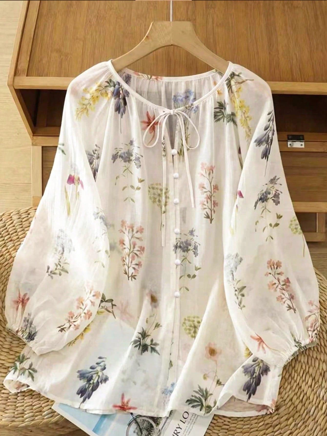 SHEIN LUNE CURVE Summer Vacation Style Casual Vintage Open Front Lace-Up Lantern Sleeve Loose Fit Plus Size Women's Shirt Blouse Summer Women's Clothing Summer Shirt Summer Top Summer Women's Top Women's Apparel Women's Wrinkle-Free Shirt Chiffon Floral Outerwear