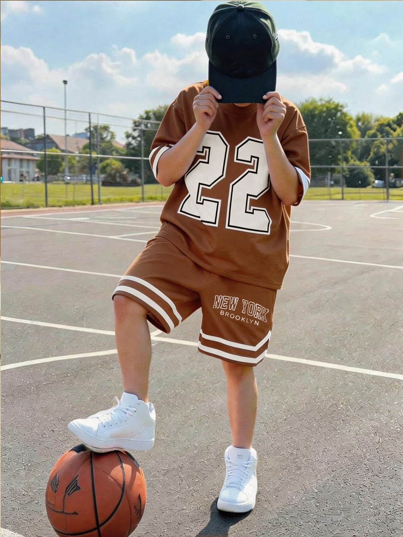Fantacosmos Boys' Brown Summer Casual Streetwear Vacation Sports Graphic Print Stretchy Knit Crew Neck Short Sleeve T-Shirt And Shorts Set For School,Outdoor