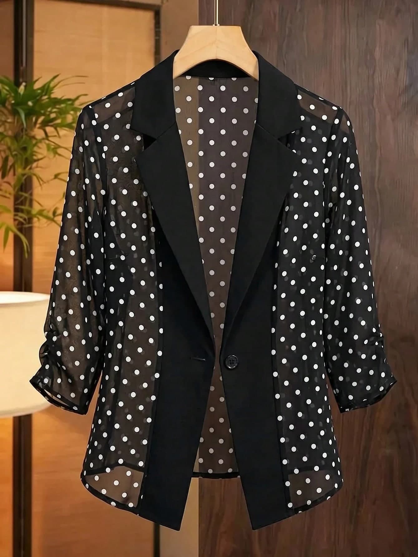 Comfylo Plus Size Women's Polka Dot Single Button Casual Versatile Commute Travel Blazer Fall