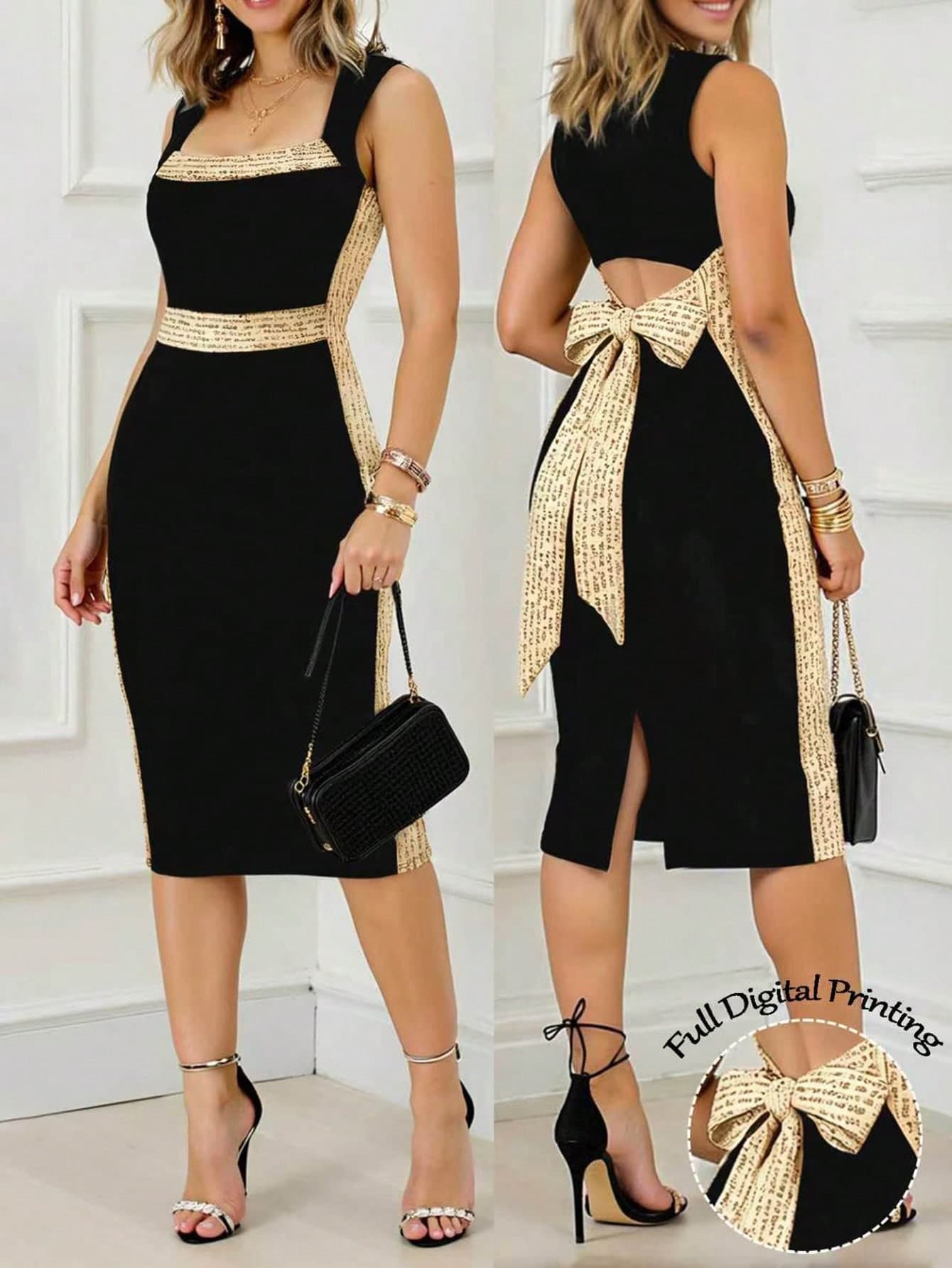 EMERY ROSE Sequin Patchwork Square Neck Backless Bow Tie Waist Sleeveless Dress Elegant Dress For Women