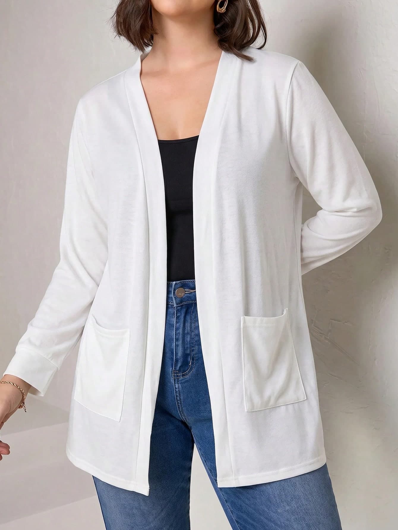 Chikora Plus Size Black Knit Pocket Loose Fit Cardigan With Pockets,Business Casual Woman Fall