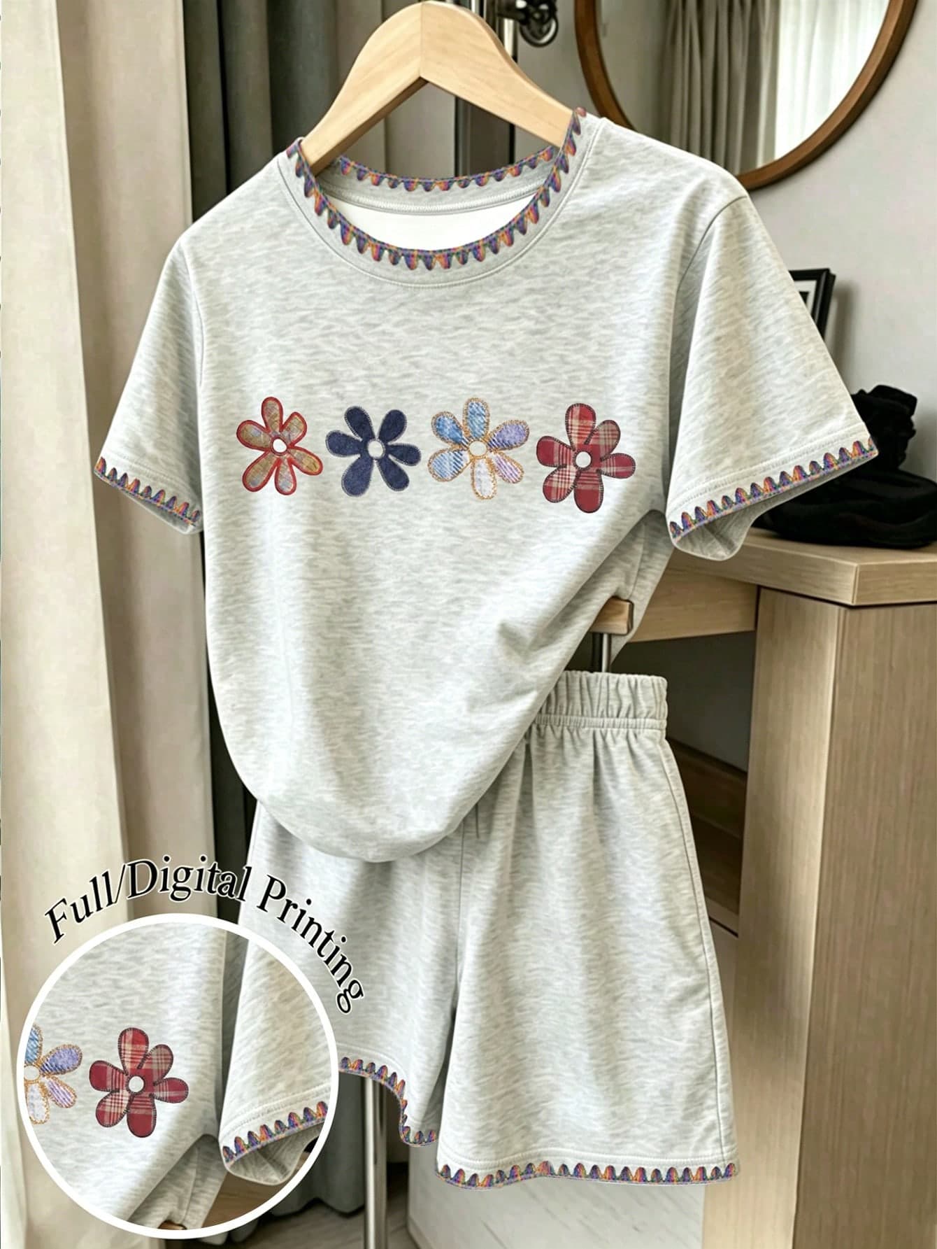 Teen Girls Floral Grey & Grey Set, Colorful Lace Pattern Print, Colorful Floral All-Over Print Shorts Set, Casual Basic Everyday Wear, Suitable For Outings And Street Style, Perfect For Spring, Summer, Autumn, All-Season Outfits