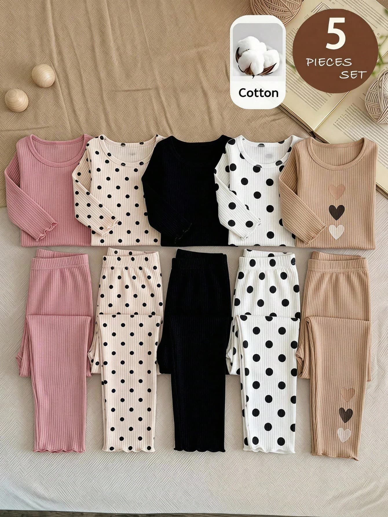 SHEIN LMoss Kids Baby Girl Casual Cute Versatile Knit Polka Dot Heart Pattern Elastic Waist Long Pants 5-Piece Set