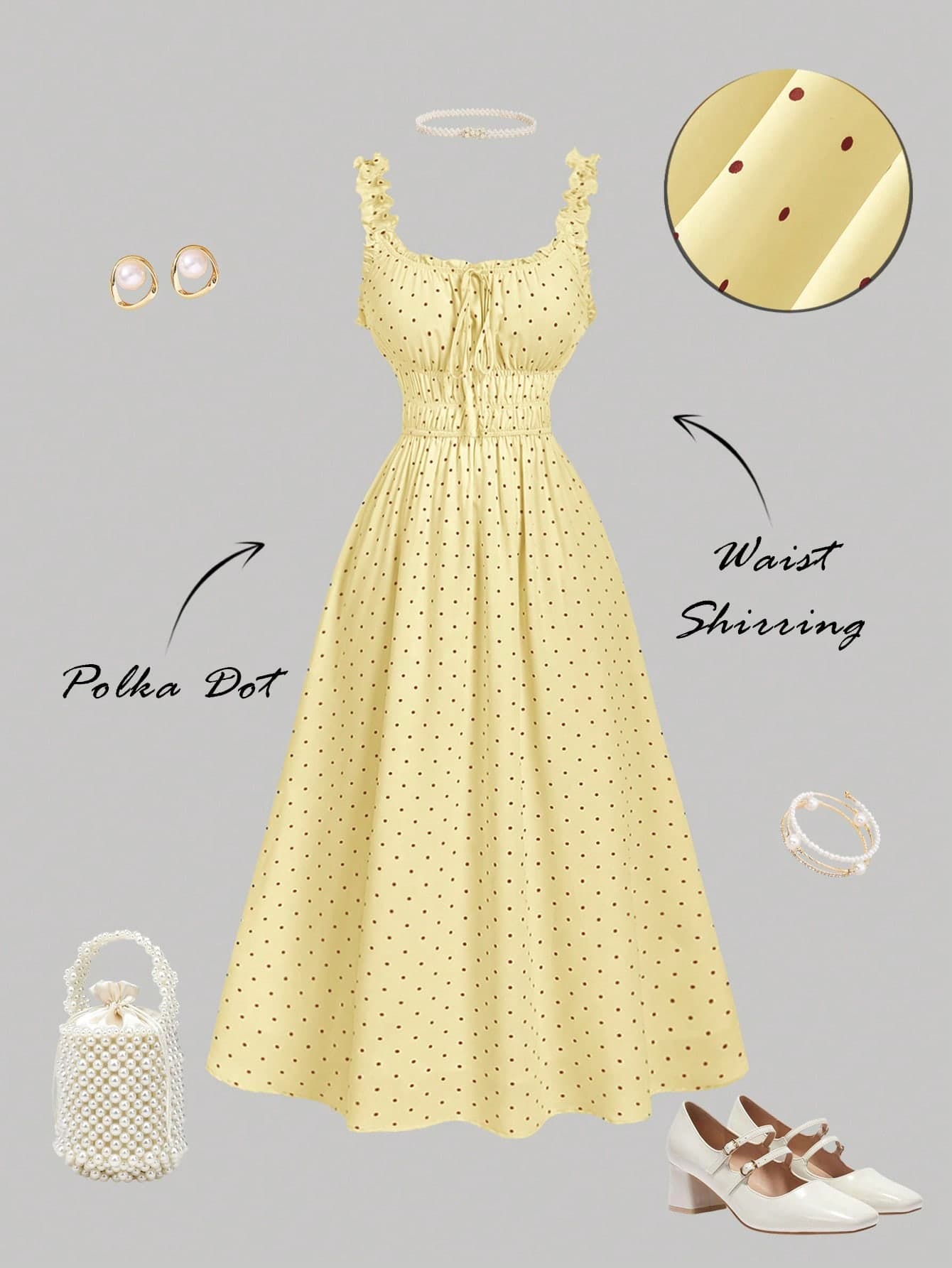 SHEIN MOD Women's Black Polka Dot And Pleated Elegant Romantic Cute Waist-Defining Long Party Vacation Vacation Dress Summer
