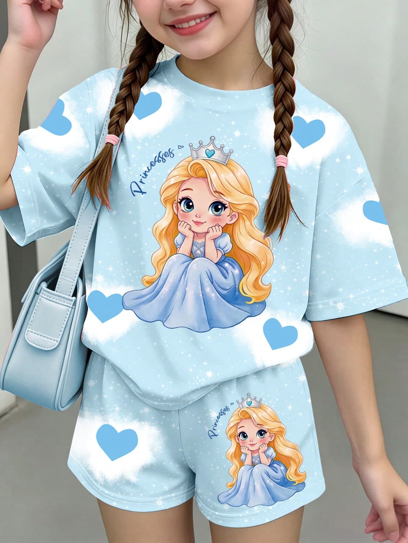 SHEIN Summer & Autumn Casual Fashion Creative 2pcs Young Girls Heart Pattern Comfortable Daily Casual Short Sleeve T-Shirt Set,