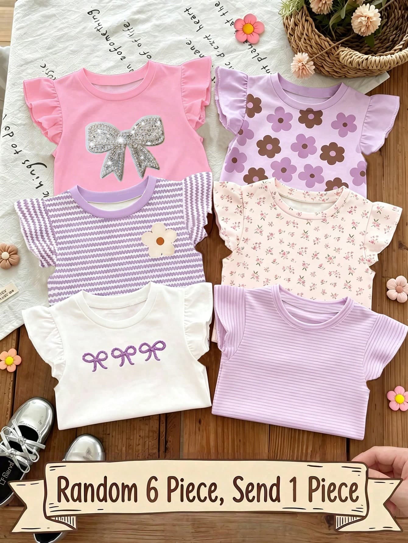 Souflis Souflis 6pcs Randomly Sent 1pc; Light Color 1pc, Bohemian Ditsy Floral, Gentle Purple Striped, 3D Bow Pattern, Young Girl Casual Simple Versatile Round Neck Cap Sleeve T-Shirt 1pc Suitable For Spring/Summer Daily Wear, Travel, Vacation