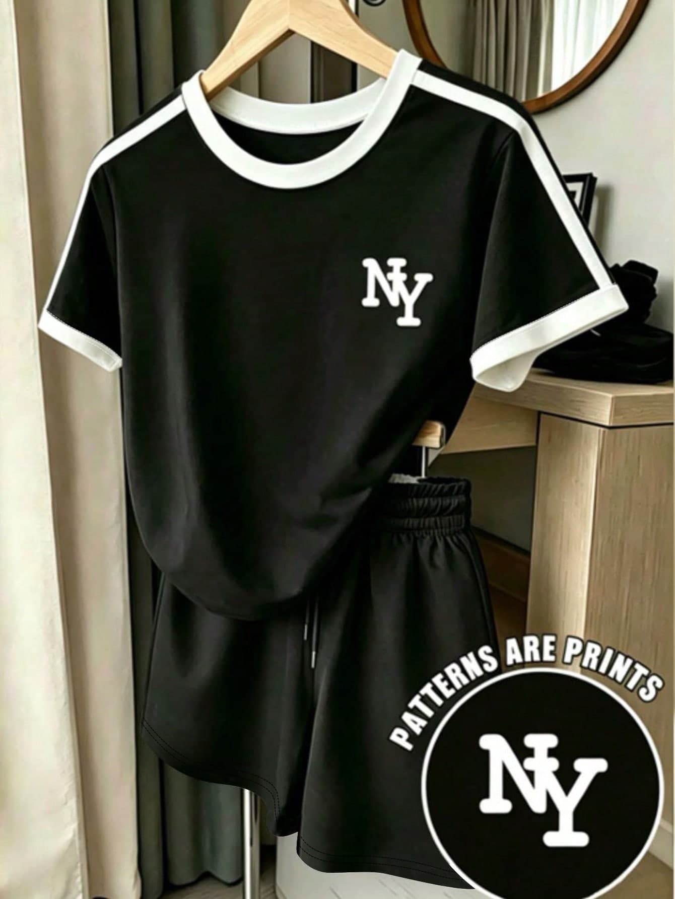 Resyla Summer New American NY Print, Round Neck Short Sleeve Shorts Two Pieces Set For Women, Casual Sports Set, Young Fashion Style