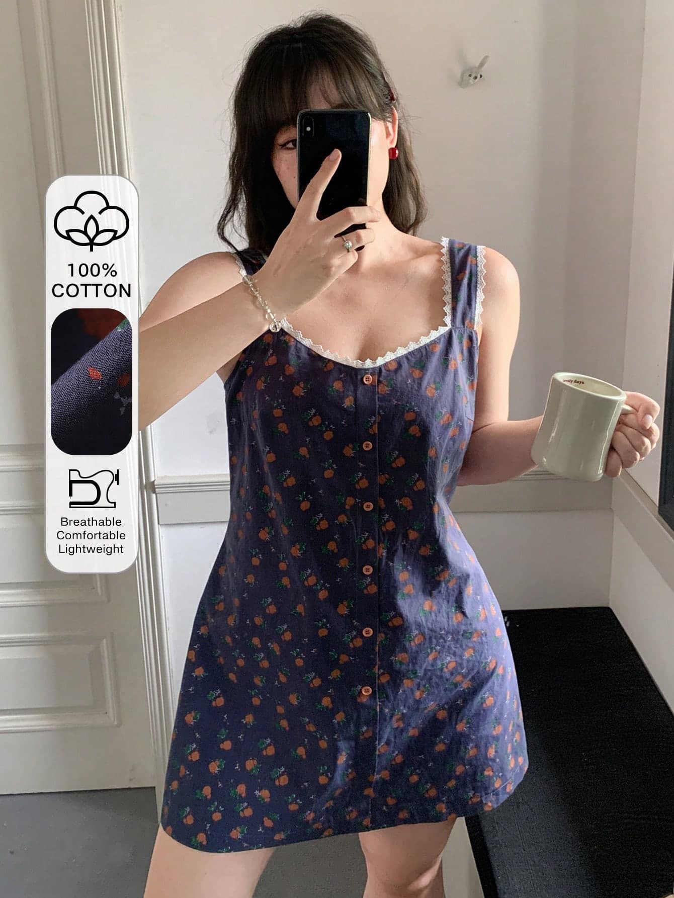 Dazy Plus Summer Ditsy Floral All-Over Floral Lace Trim Patchwork Neckline Cinched Waist Sleeveless Casual Short Plus Size Women's Spring/Summer Dress Pajamas