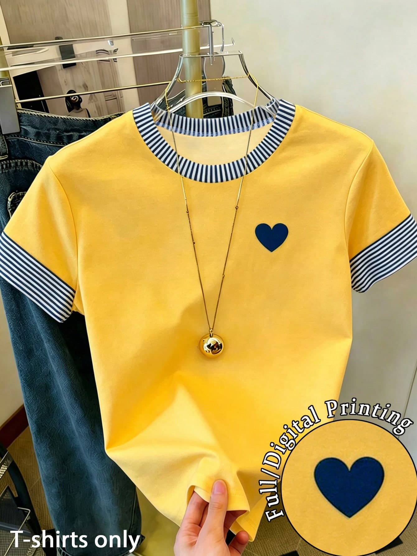 Resyla Plus Size Women's Heart Stripe Print Round Neck Short Sleeve Casual T-Shirt