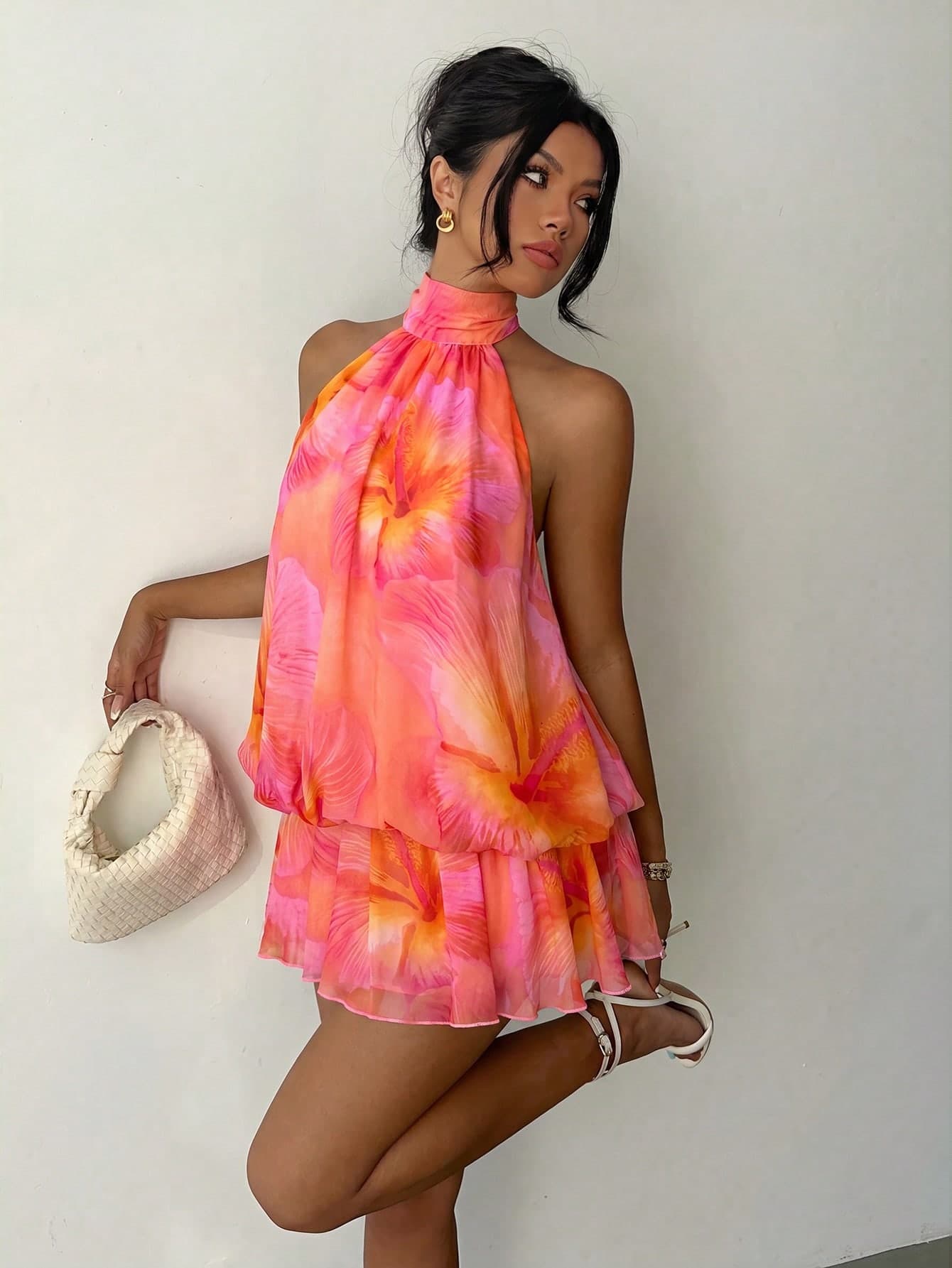Aloruh Women's Elegant Pale Yellow Halter Neck Tie Mini Dress