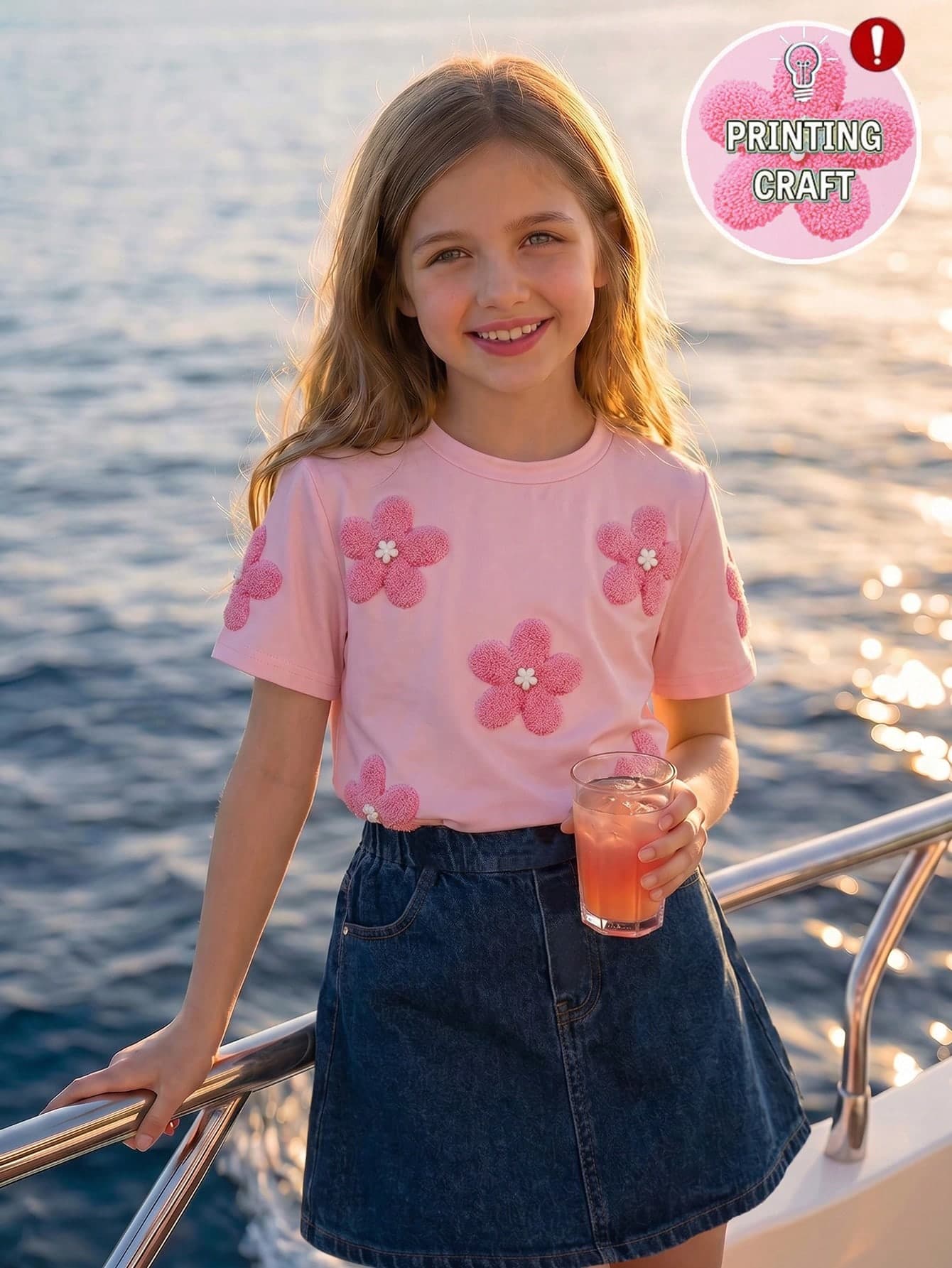 SHEIN Tween Girls 2‑Piece Cute Floral Outfit Set, Pink 3D Flocking Flower Print Short Sleeve Crew Neck Crop T‑Shirt + Elastic High Waist A‑Line Denim Skirt, Sweet Casual Summer Co‑Ord