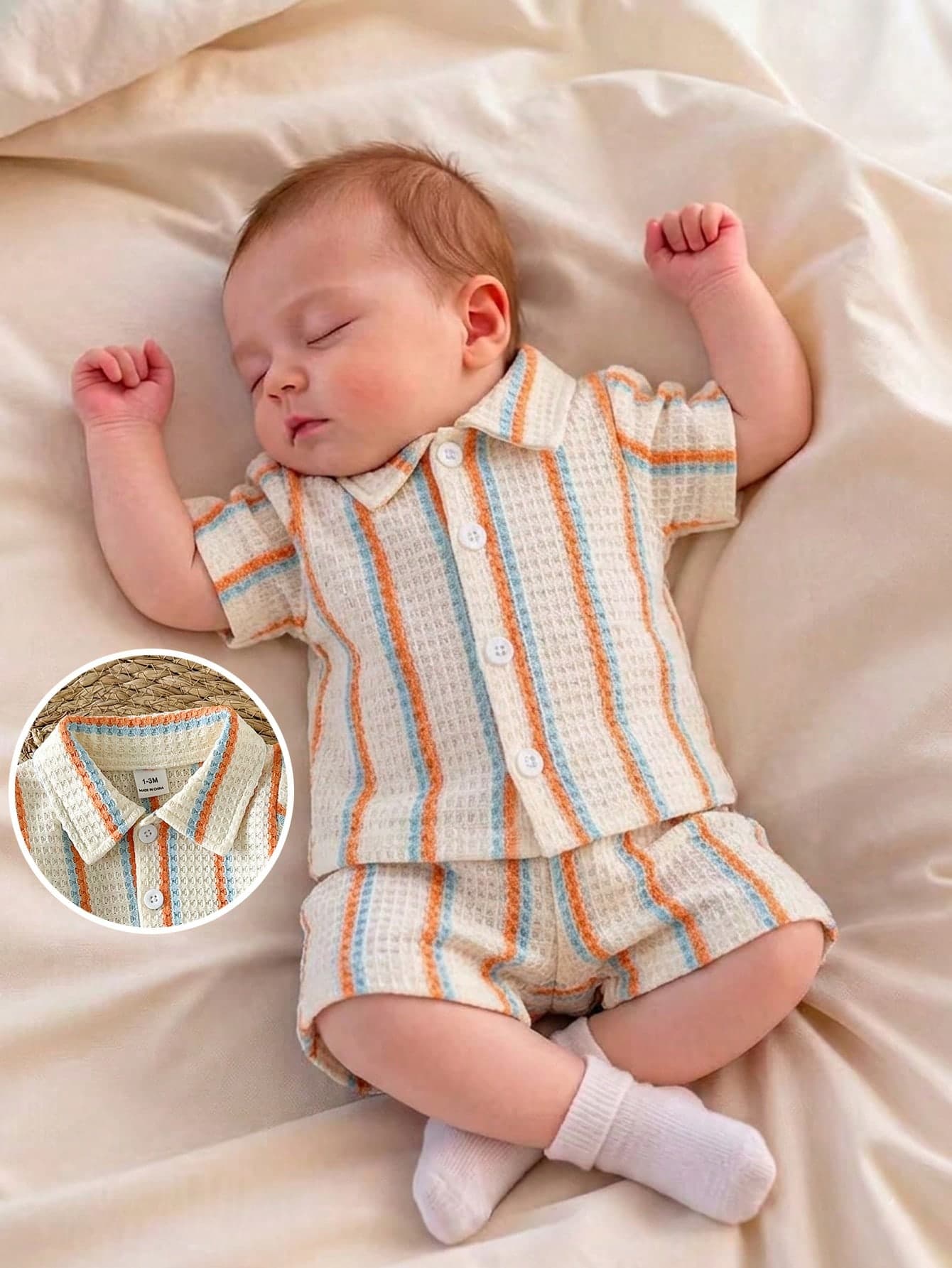 SHEIN 2pcs/Set Newborn Casual Summer Knitted Jacquard Shirt With Collar Short Sleeve Top And Elastic Waist Shorts Black And White Striped Family Matching