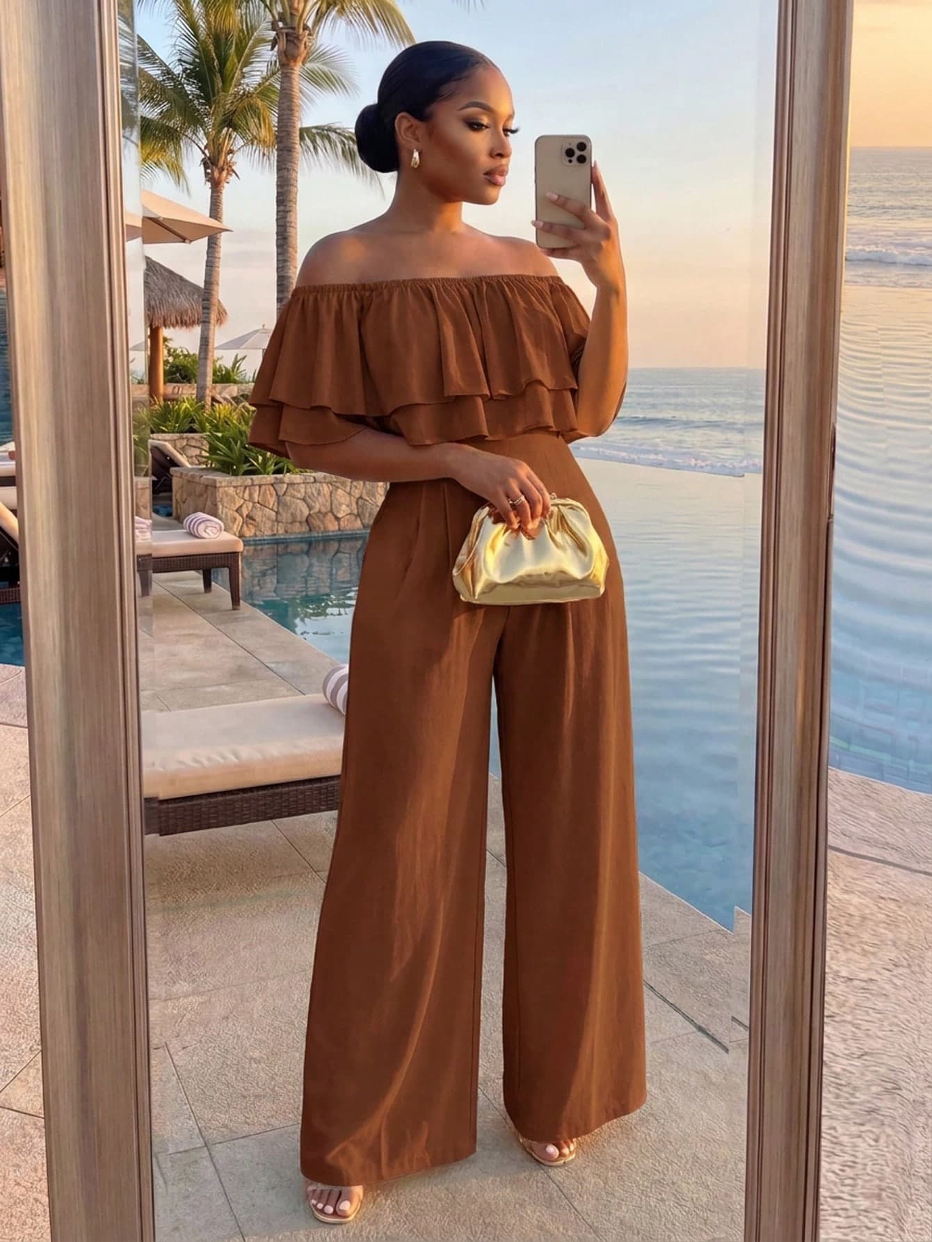SHEIN Lady Chic Off Shoulder Ruffle Brown Jumpsuit For Women Stylish Tiered Design With Loose Wide Leg Pants Perfect For Holidays Vacation Summer Wedding Guest