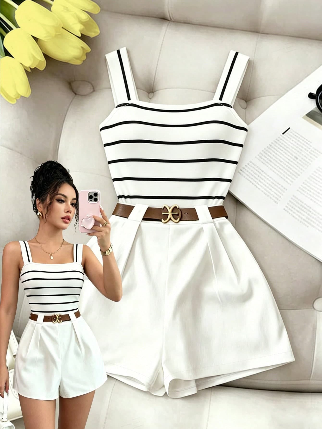 Elenzga Women's Black And White Striped 2 Pieces Summer Outfit,Coastal Chic Square Neck Camisole Fitted Top & High Waist Wide Leg Shorts,Holiday Vacation Set