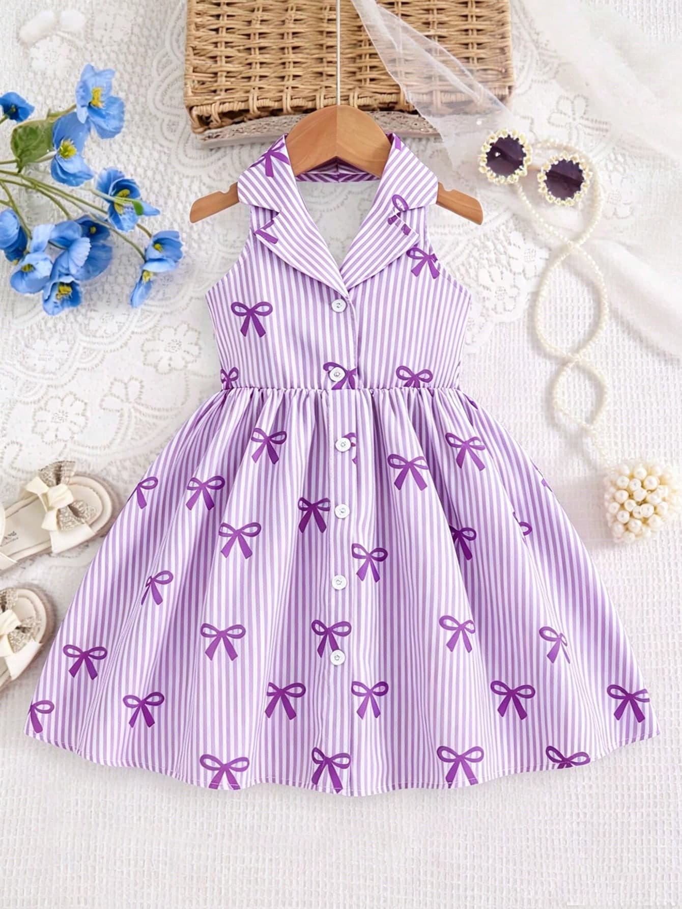 SHEIN Elladie kids Garden Girls Summer New Stylish Polo Collar Halter Neck Backless Cinched Waist Sweet Versatile Vacation Style Dress Young Girl Formal Dress