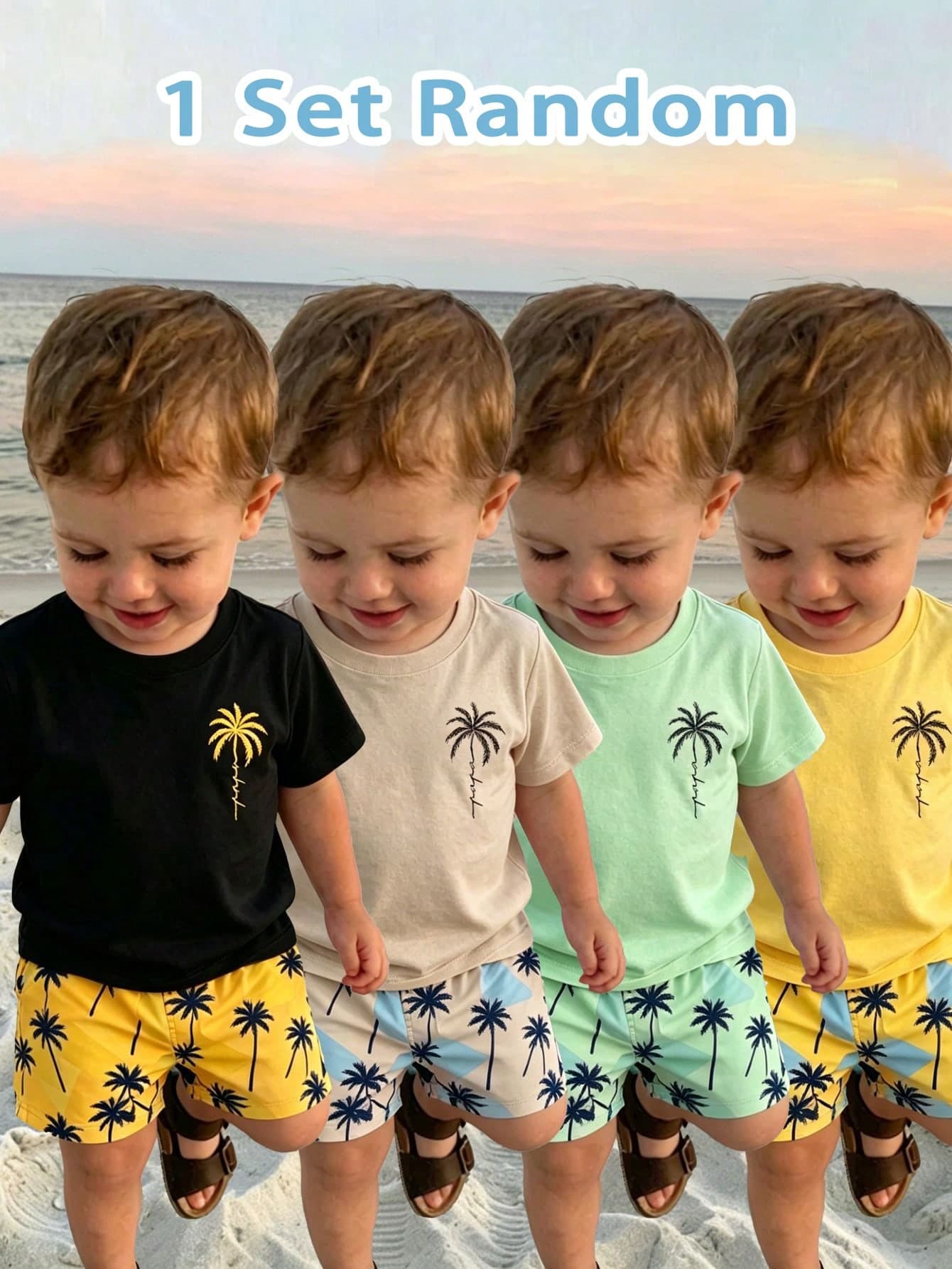 SHEIN Playful Pals RANDOM 1 Set Baby Boys Outfit, Colorful Vacation Casual Simple Classic Vacation Coconut Tree Letter Print Crew Neck T-Shirt And Matching Shorts