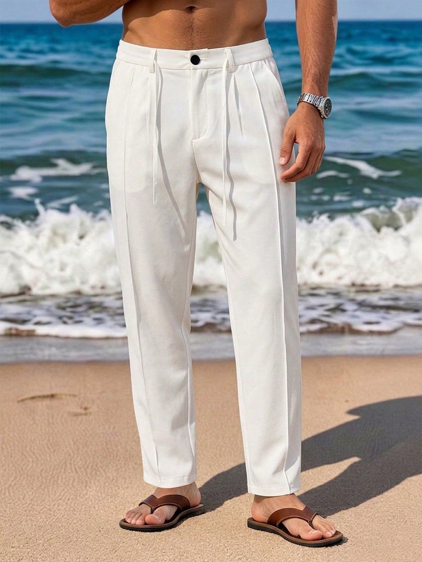 VENTUSAIL Men's Mature White Autumn Casual Vacation Solid Color Tapered Long Pants,Suitable For Daily,Weekend Outings,Travel,Beach,Versatile Gift For Husband