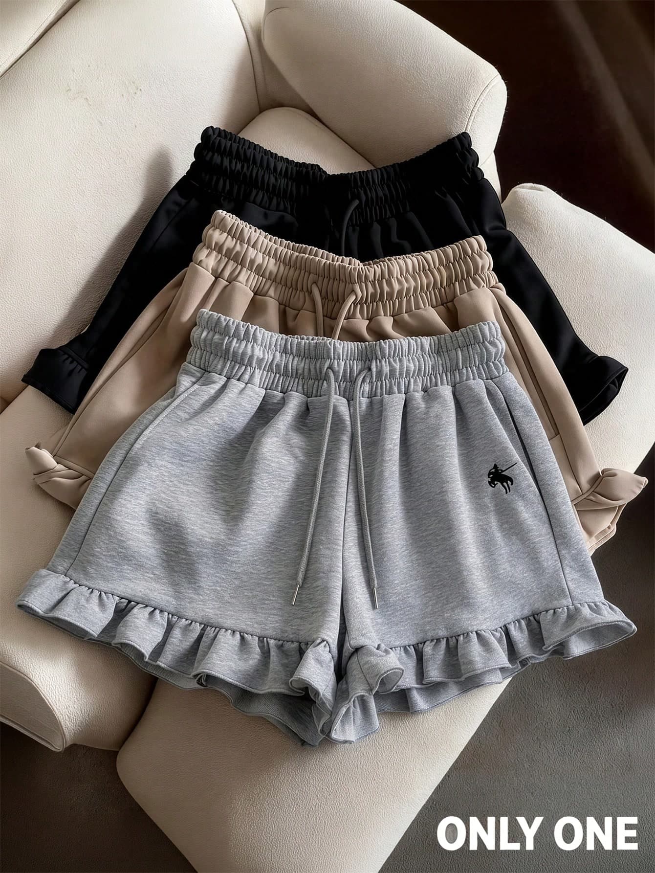 Selianne Women's Spring/Summer Casual Solid Color Drawstring Shorts With Ruffle Patchwork Embroidery Waistband Loose Outdoor Shorts