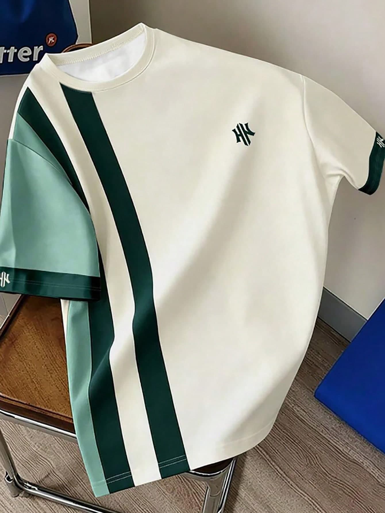 Teen Boys English Letter Print Short Sleeve Striped Colorblock Casual Comfortable Fashion Style Suitable For Outings And Outdoor Sports