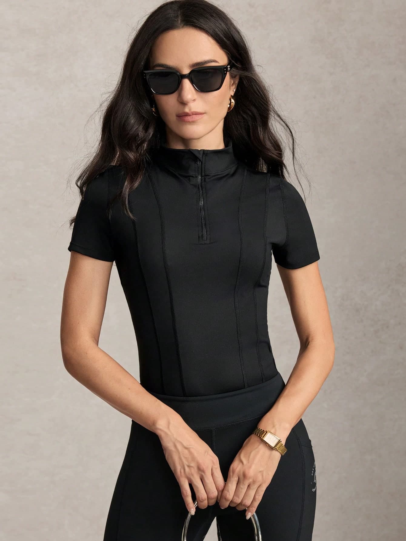 Activina Women's Solid Color Zipper Short Sleeve Equestrian Top Black Short Sleeve Fashion Daily Elegant Ripped Cutting Casual Workout Everyday Wear