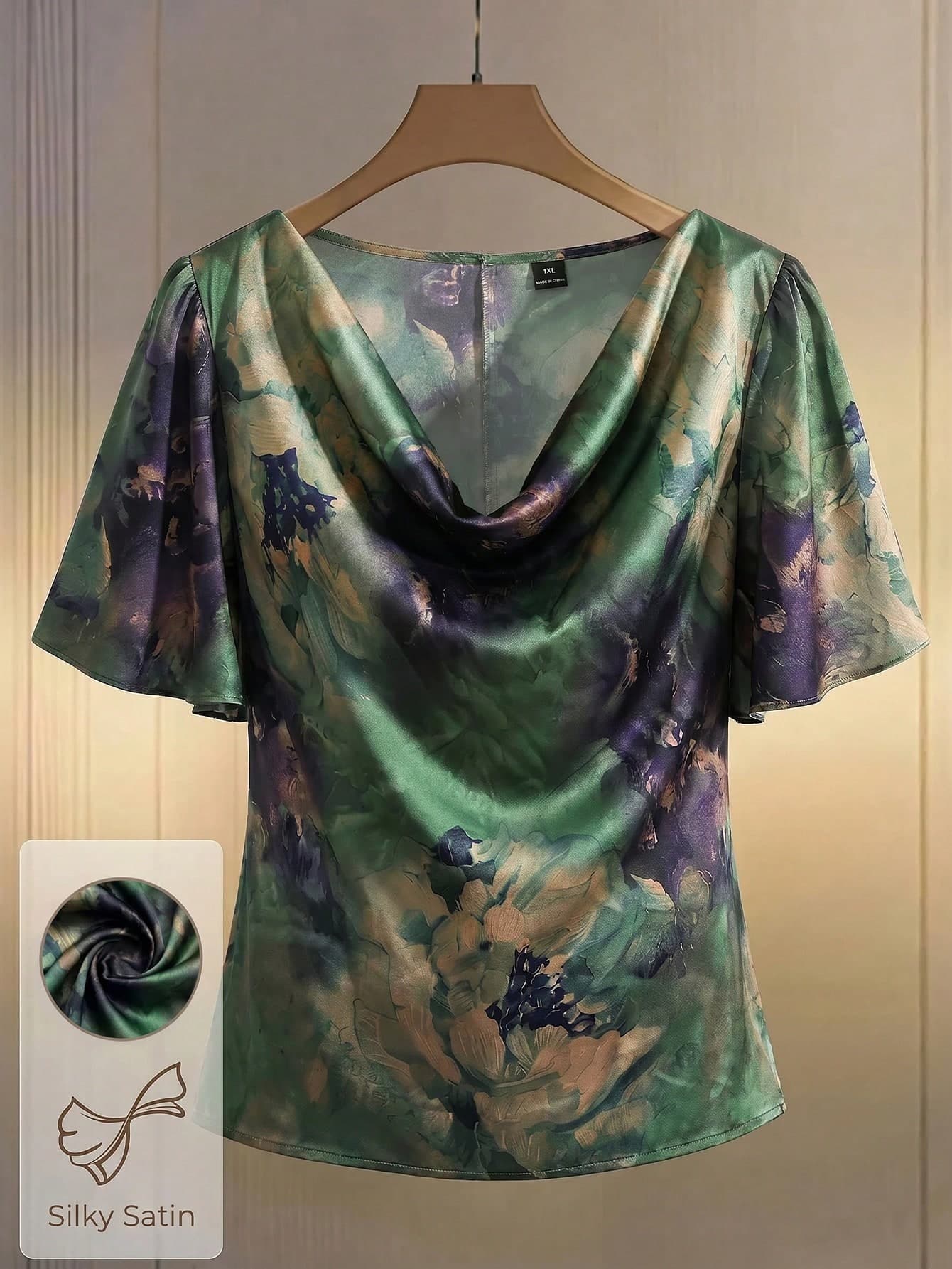 Modelyn Plus Size Women's Cowl Neck Floral Print Casual Elegant Versatile Daily Outing Formal Office Shirt Emerald Green Summer
