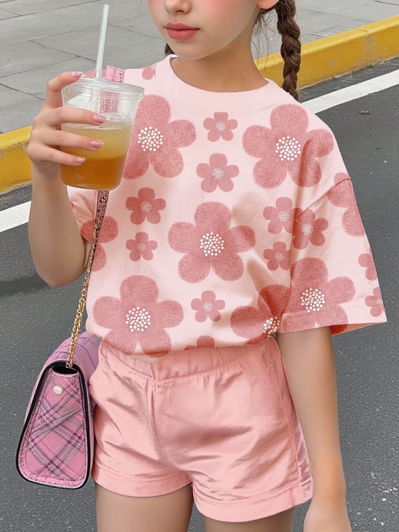 Kids Tween Girl Casual Simple Flocked Cute Floral Print Short Sleeve T-Shirt And Casual Shorts 2-Piece Set Suitable For Summer Holiday Hot Pink