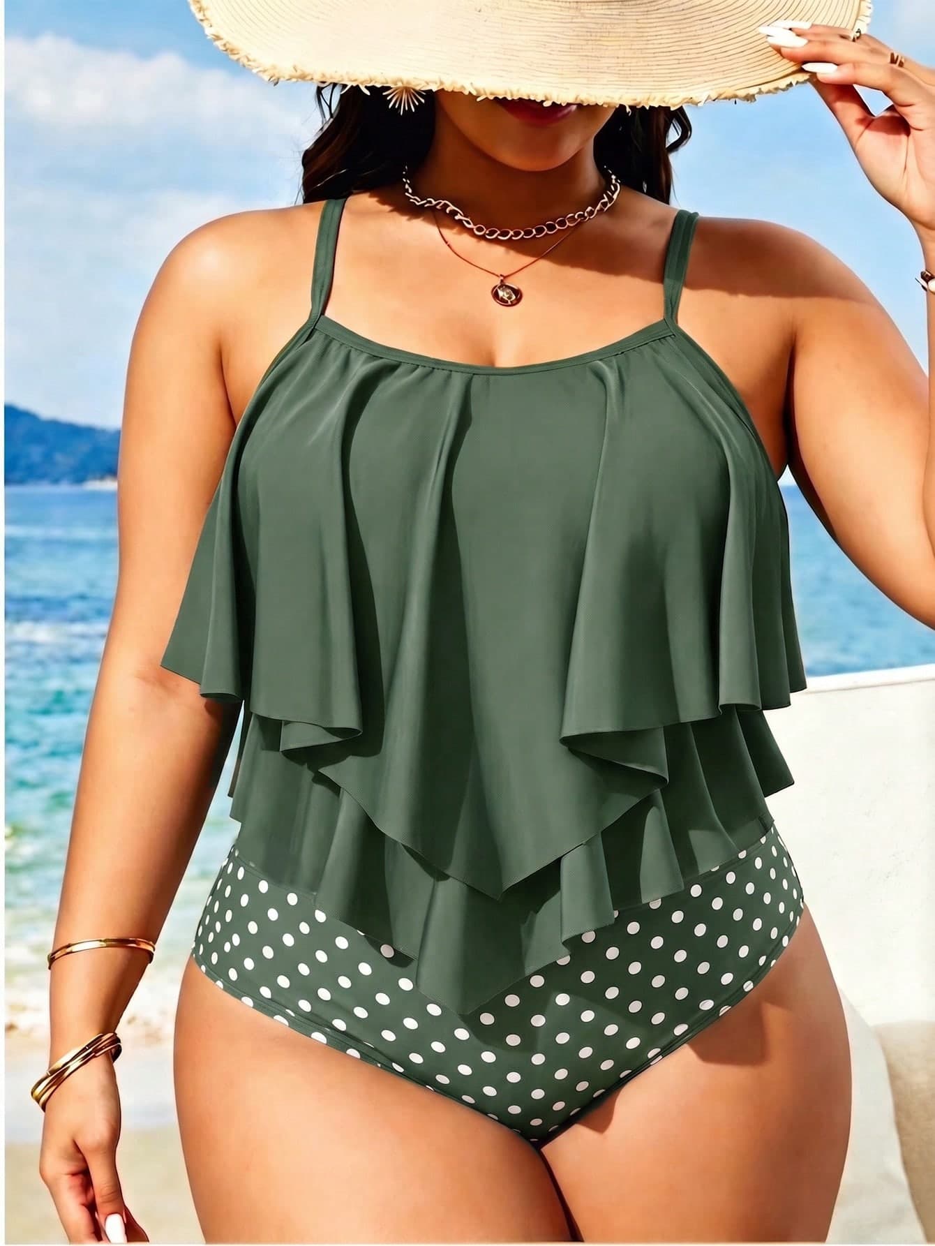Swim Lushoire Plus Size Women's Summer Beach Ruffle Strap Tankini Set