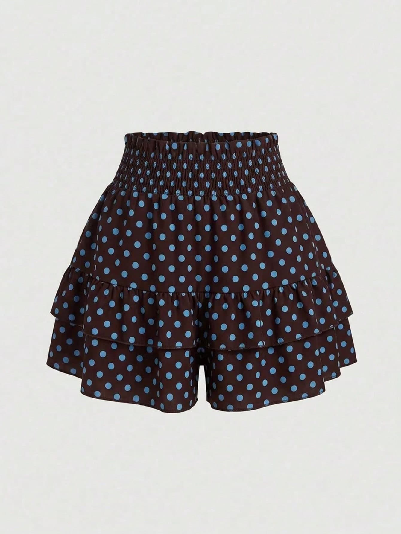 SHEIN LUNE Summer Fashion Elastic Waist Brown Polka Dot Shorts Spring/Summer Ruffle Hem Slimming Versatile Loose Pants