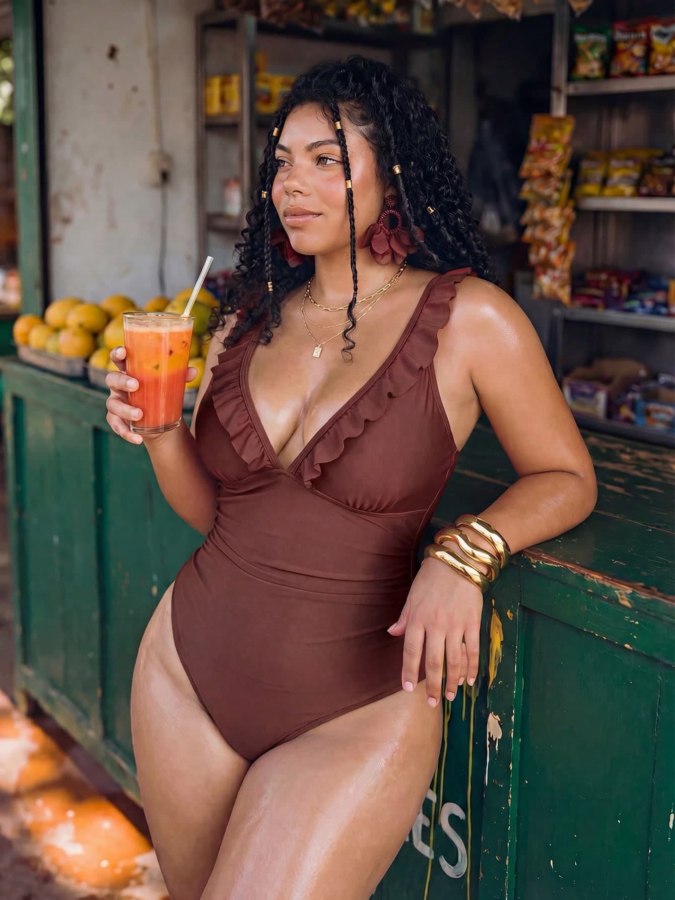 Swim Mod Plus Size Women's Elegant One-Piece Pleated Waist Deep V-Neck Swimsuit, Featuring Sexy Ruffle Neckline, Back Cut-Out Lace-Up, Summer Beach Brown