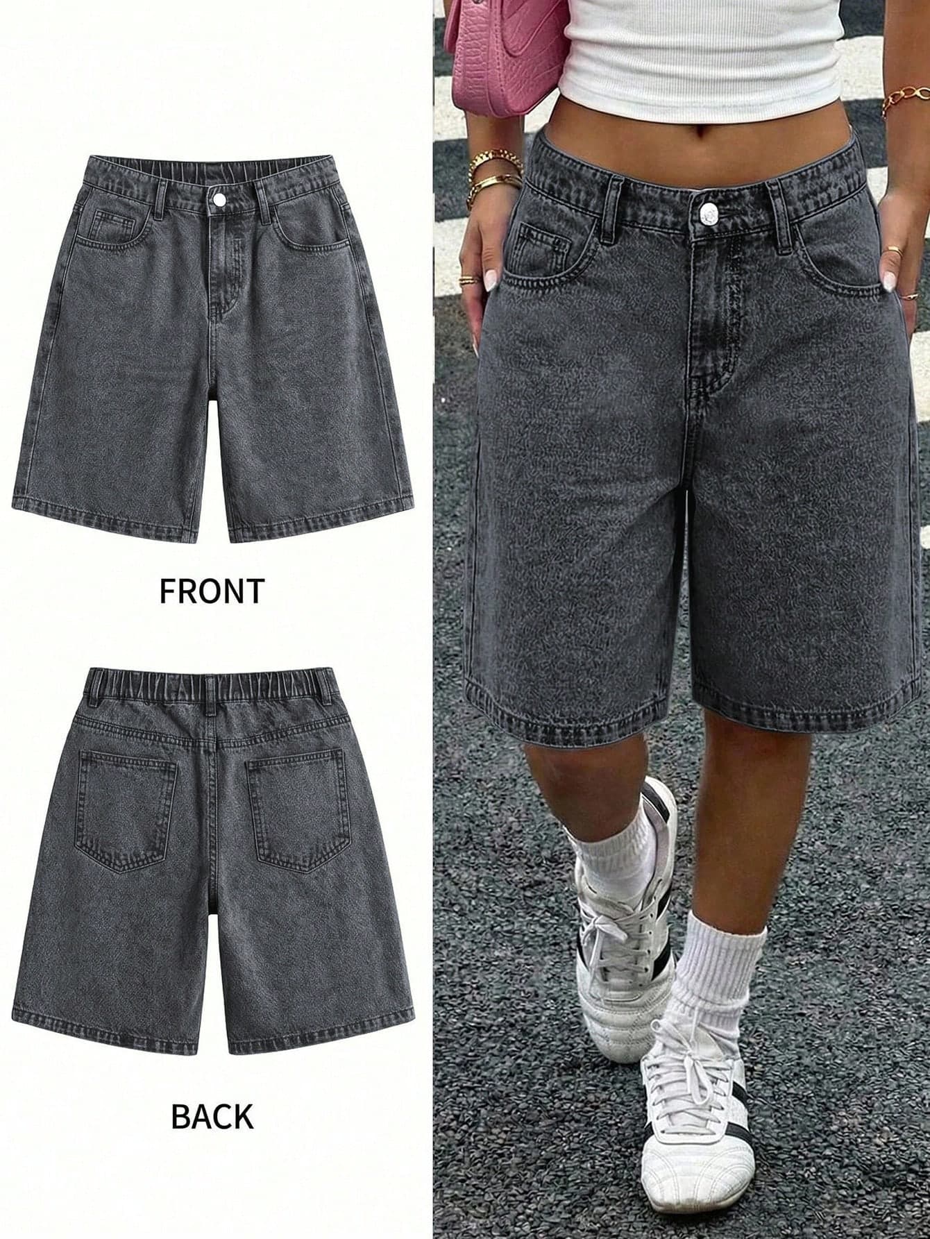 Teen Girls' Solid Color Pocket Straight Loose Casual Versatile Denim Shorts