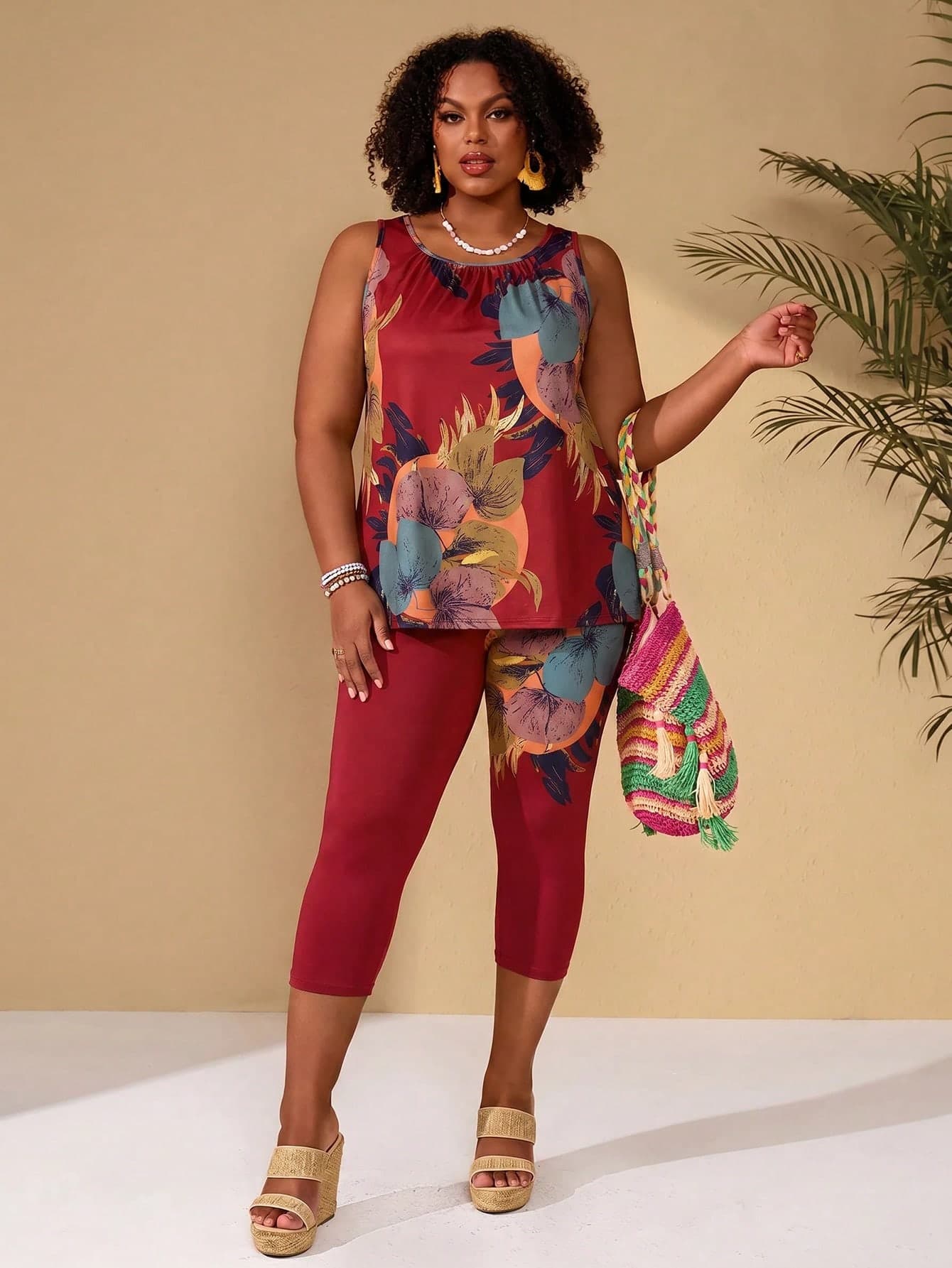 EMERY ROSE Plus Size Women's Floral Print Tank Top And Leggings Casual 2-Piece Set Summer Dress Spring Clothing Beach Outfits For Women Vacation Outfits