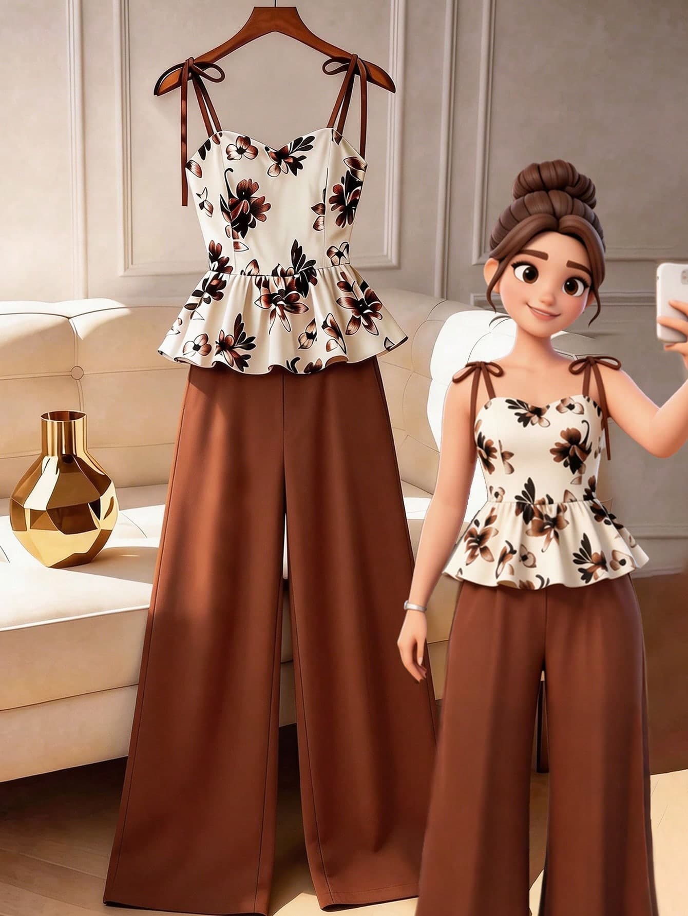 GlowEve CURVE French Vintage Style Printed Camisole Set, Waist-Defining Ruffle Top + Wide Leg Pants, Summer Picnic / Elegant Mature Style 2-Piece Outfit