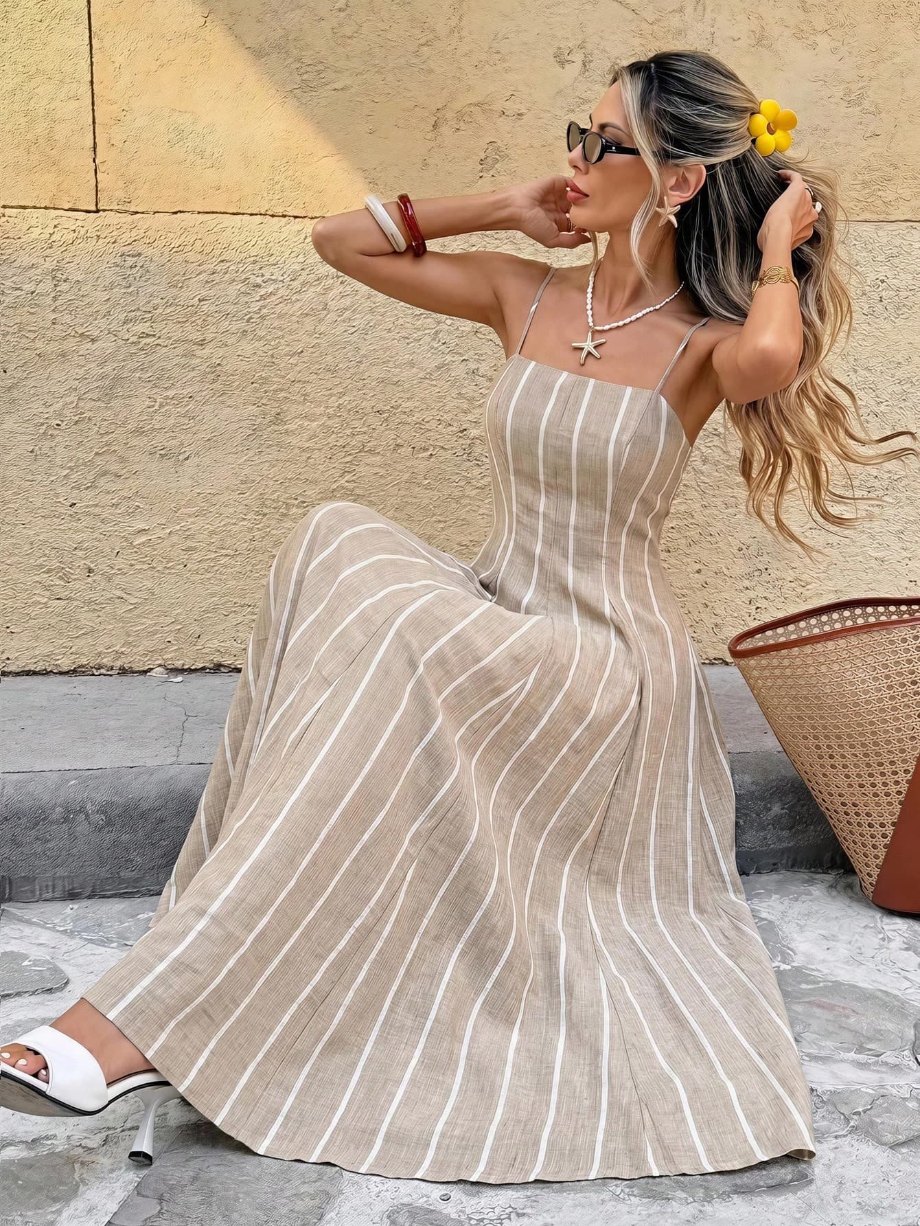 SHEIN Frenchy Women's Summer Casual Vacation Style Color Block Striped Print Waist-Cinched Cami Dress