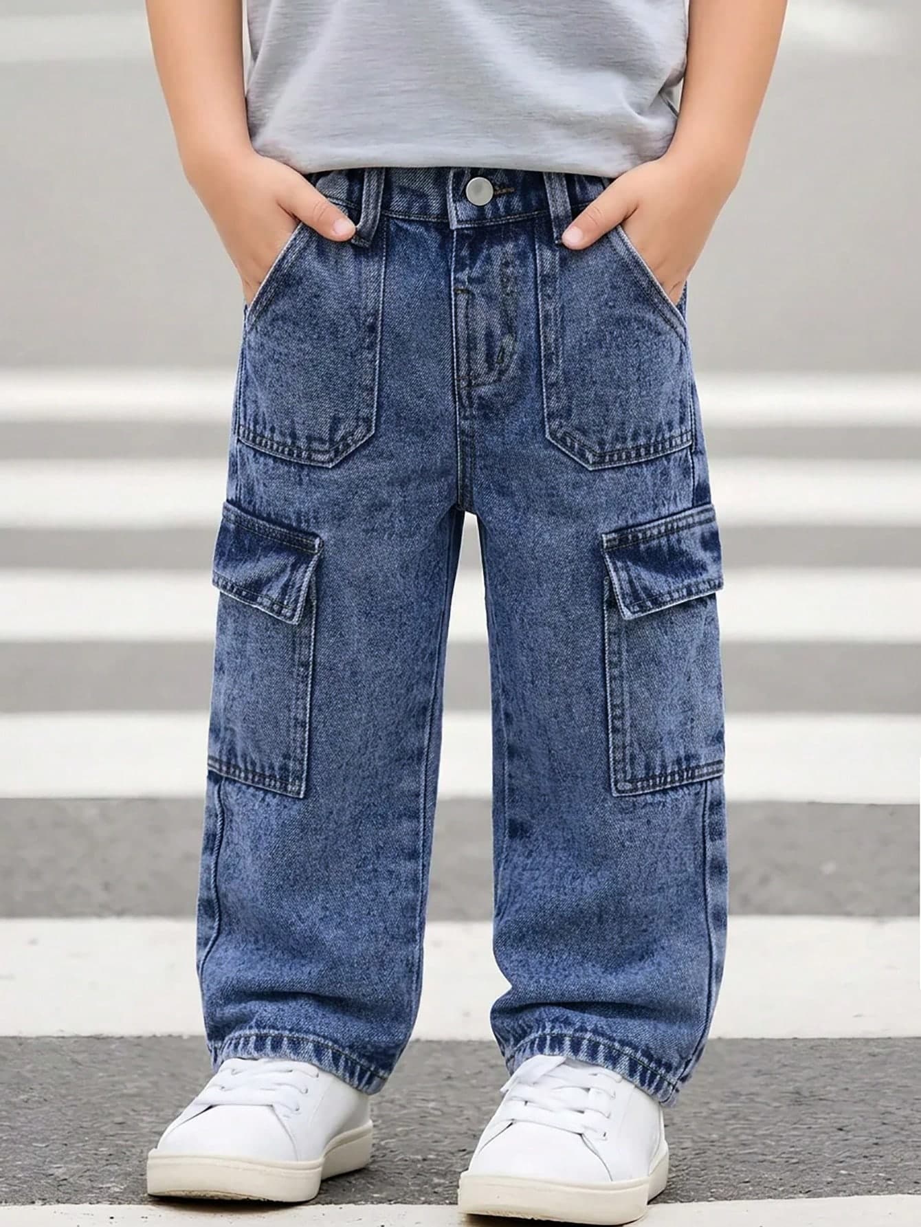 Genkimix Kids Young Boys Denim Summer New Style Multi-Pocket Cargo Straight Leg Jeans, Medium Blue Wash, Comfortable Elastic Waistband, Soft Cotton Fabric, Stylish Fit, Suitable For School, Outdoor Play, Travel, Vacation, Family Activities, Parties And Gatherings