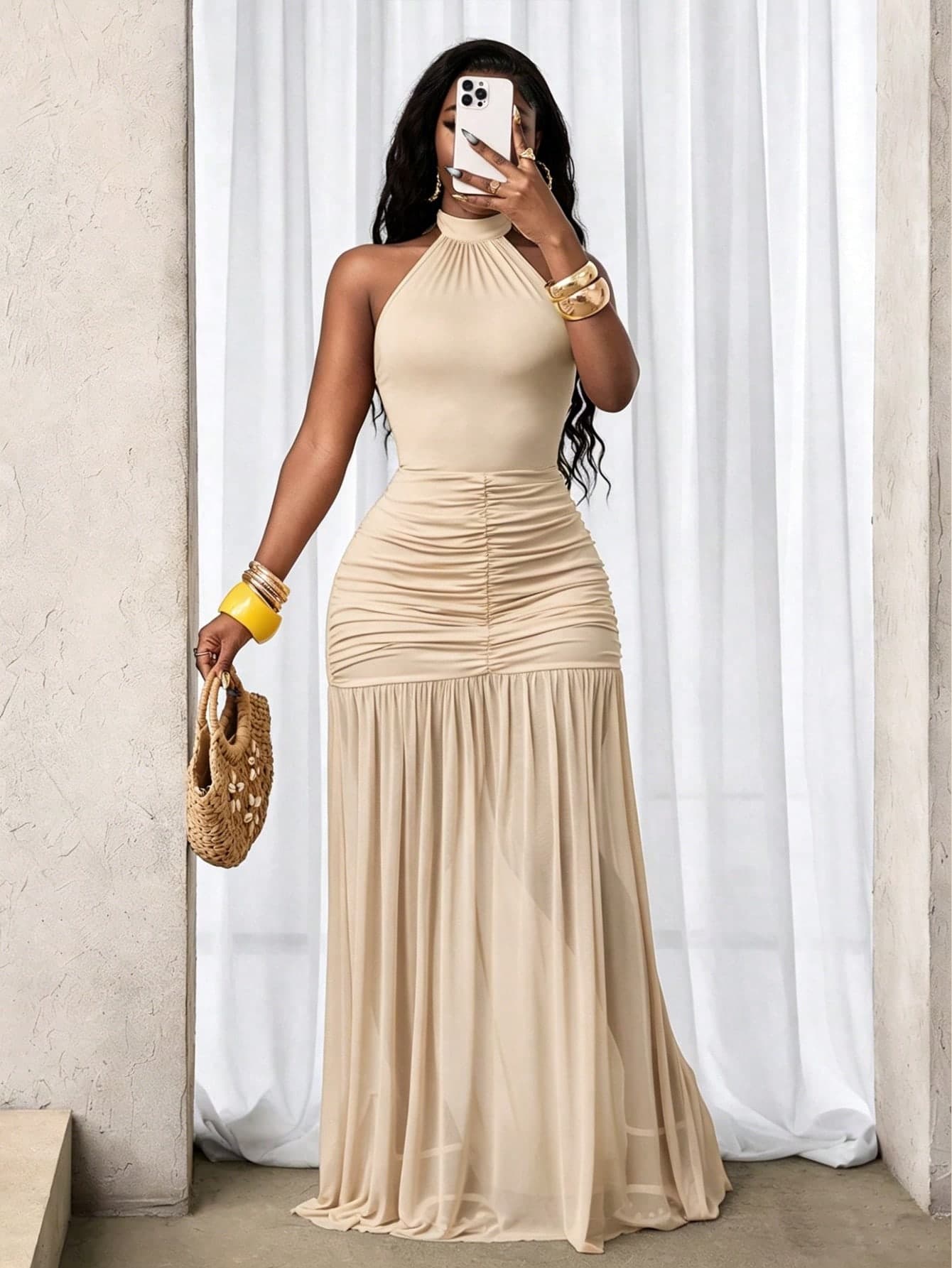 BamGleam Women's Solid Color Pleated Fashion Halter Neck Elegant Sexy Dress Vacation Beige Summer
