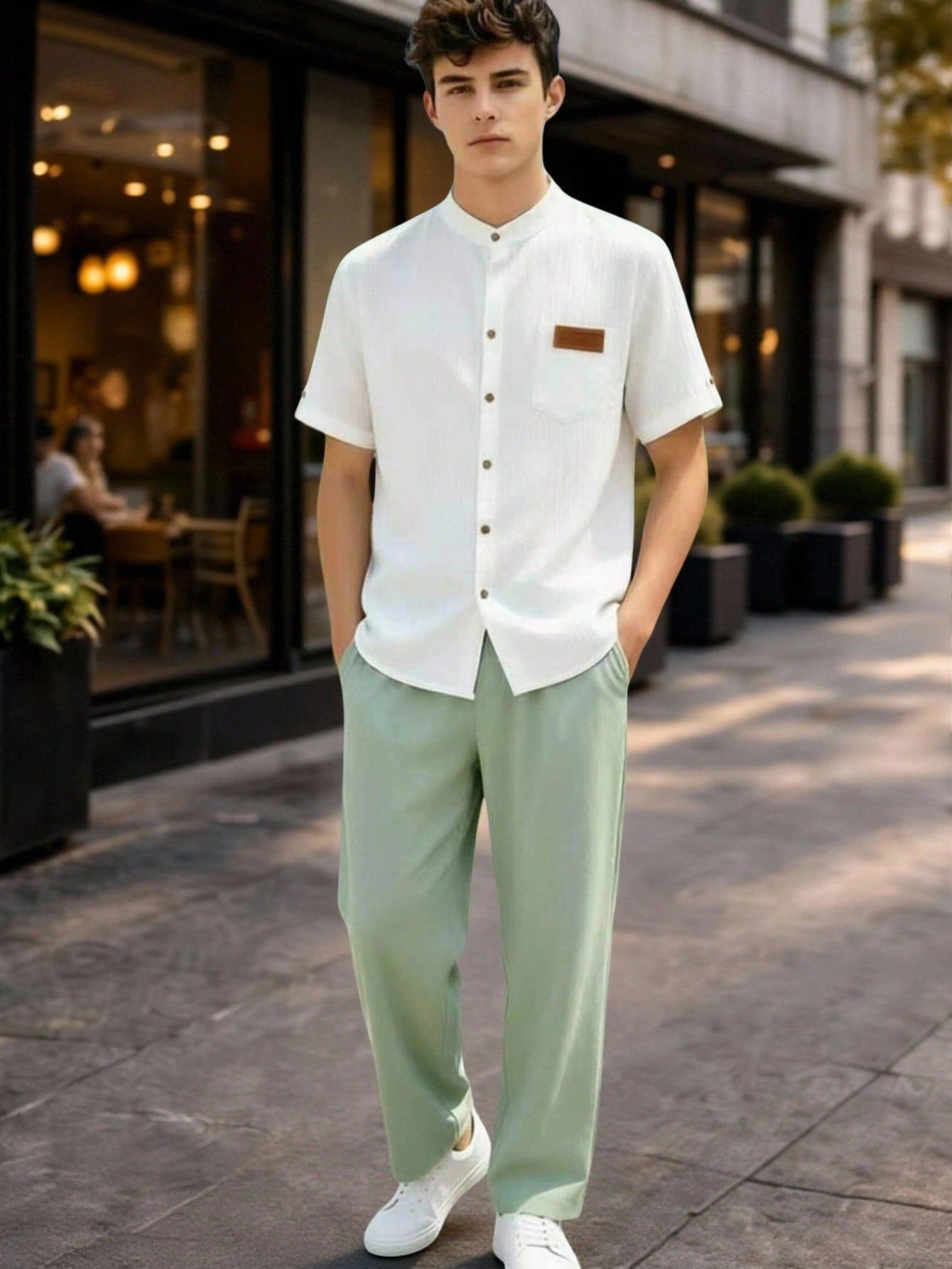Teen Boys 2-Piece Set: White Short-Sleeve Shirt + Green Long PantsIdeal For Daily Wear, Outdoor Activities, School, Commutes Short TripsBackto School