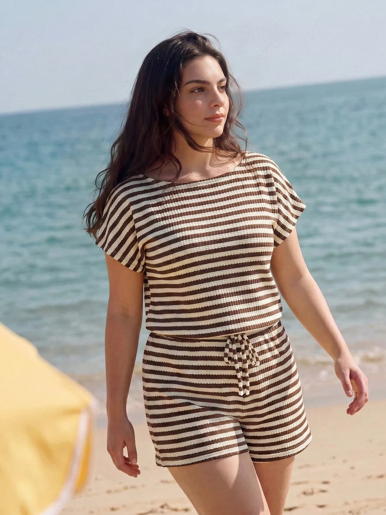 Solavibe Women's Plus Size Brown White Striped Ribbed Short Sleeve Top Drawstring Shorts Two-Piece Set For Vacation, Casual Beach Formal Cruise Outfits Summer