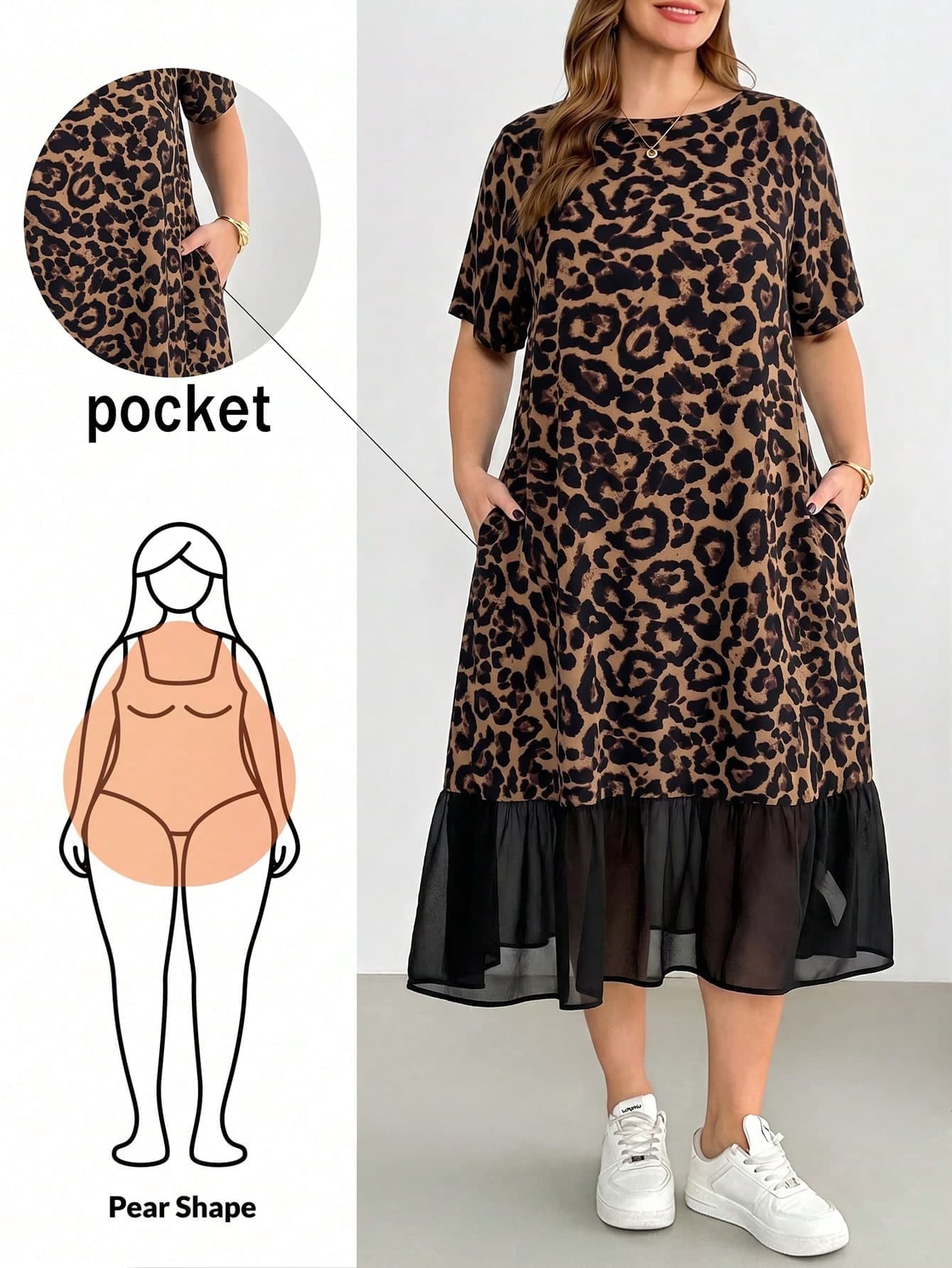 Shapeblank Plus Size Women's Spring/Summer Fashion Smart Casual Sexy Boho Cool Comfortable Brown Leopard Print Patchwork Chiffon Dress Pockets Vacation Bussines