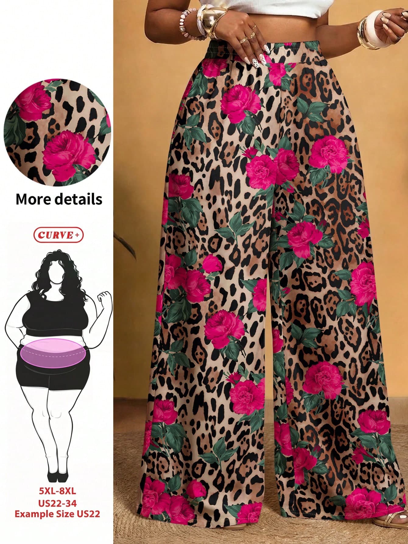 SHEIN CURVE+ Plus Size Women's Leopard Print Floral Pattern Wide Leg Loose Long Pants