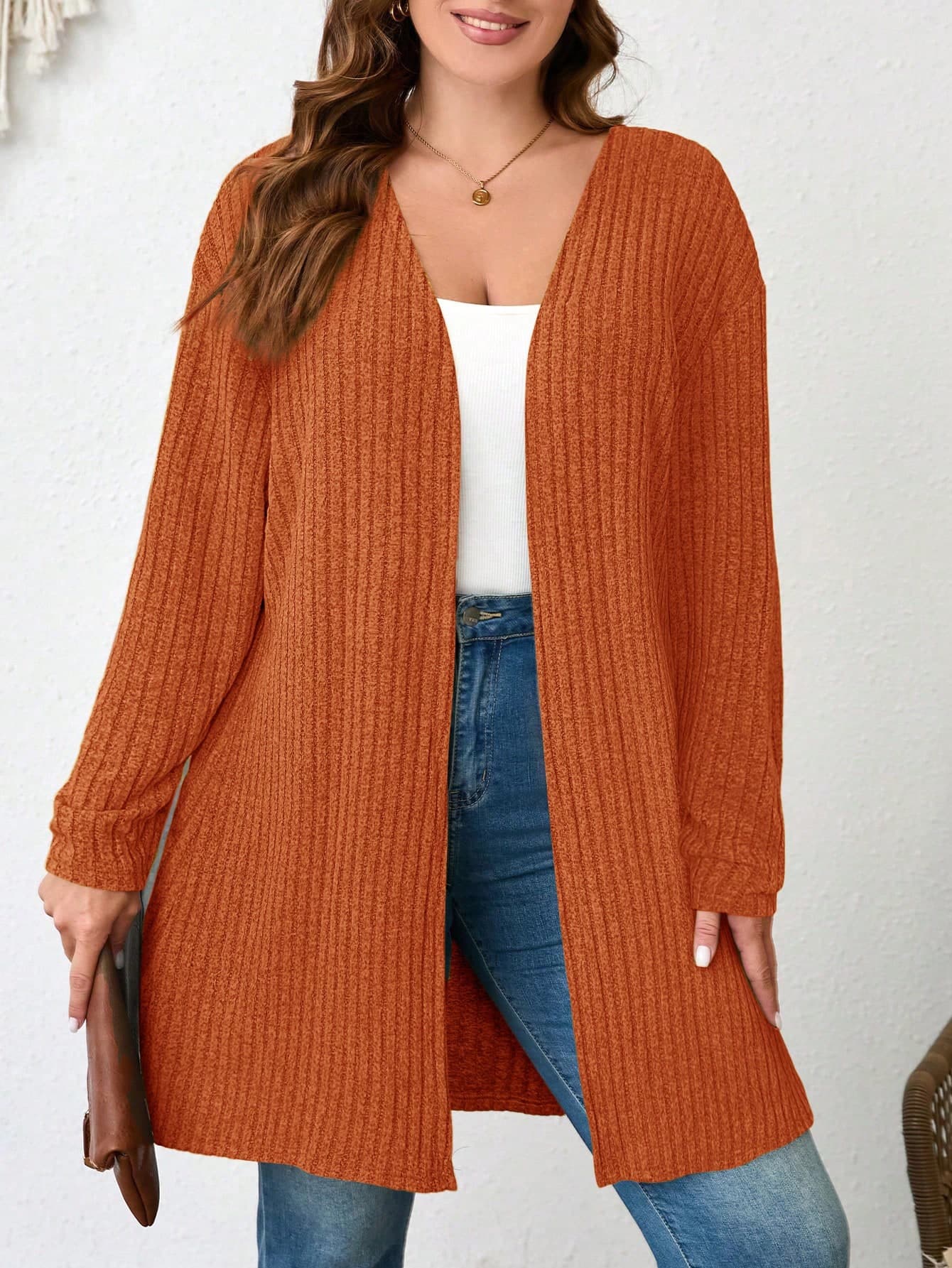 SHEIN LUNE Plus Size Plain Color Ribbed Knit Cardigan For Spring And Autumn Winter Clothes Hiking Medieval Fall