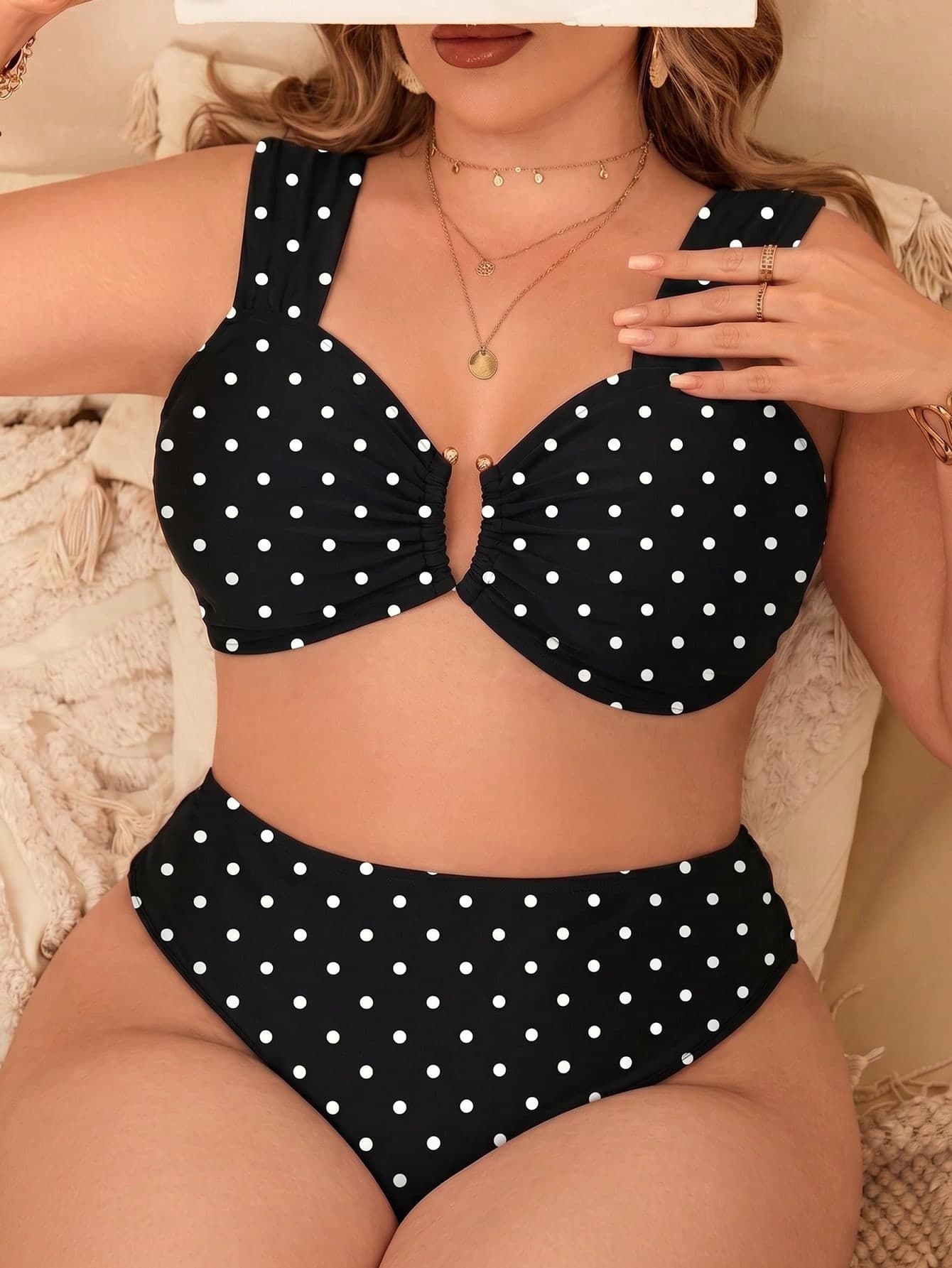 Swim Mod 2026 New Spring/Summer Plus Size Women 2-Piece Set Summer New Black Background White Polka Dot Random Print Multicolor V-Neck Adjustable Shoulder Strap Sweet Floral Pattern Separated Bikini Casual Vacation Beach Swimsuit Set